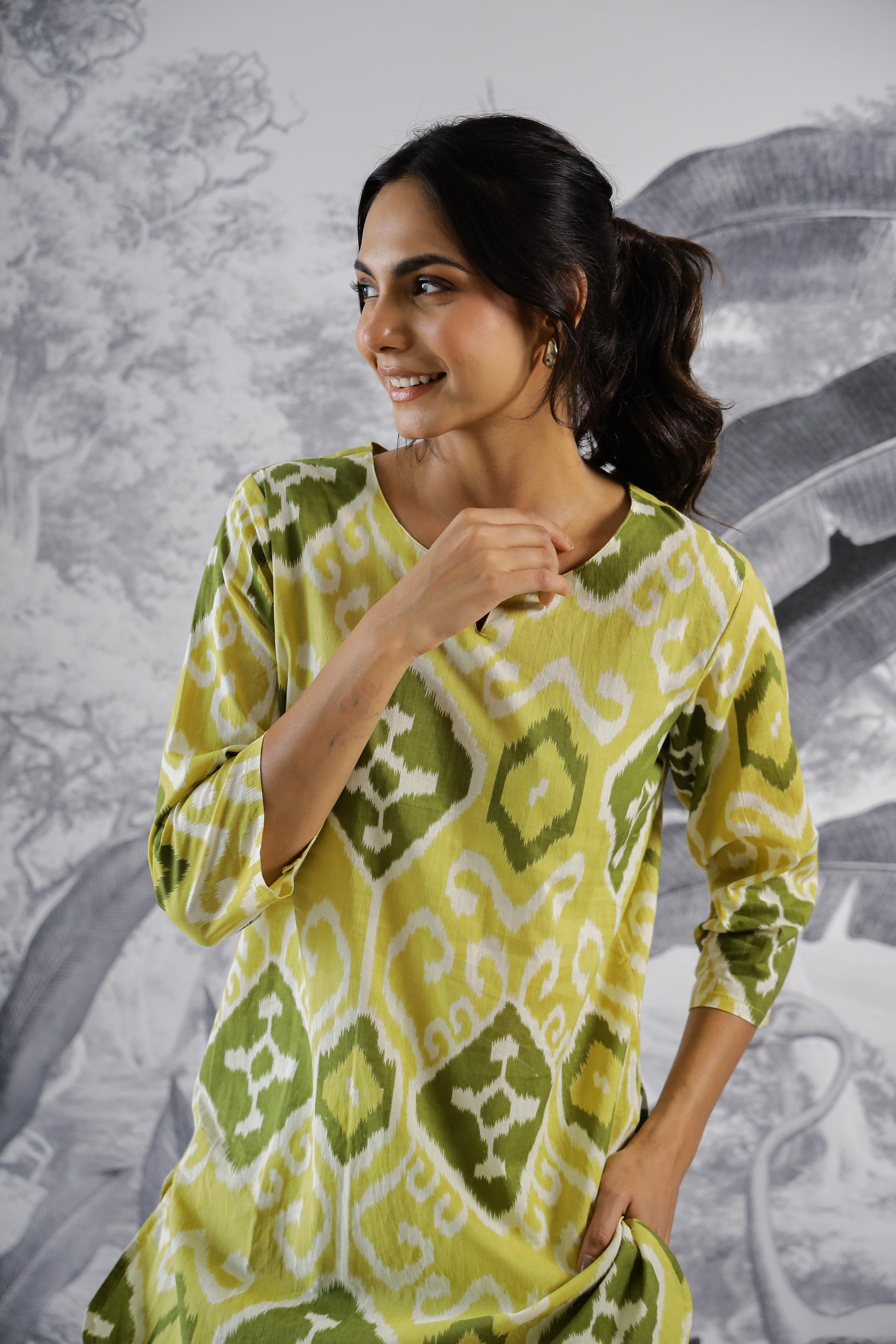 Trendy cotton two piece outfit in green with unique geometric patterns for a stylish look