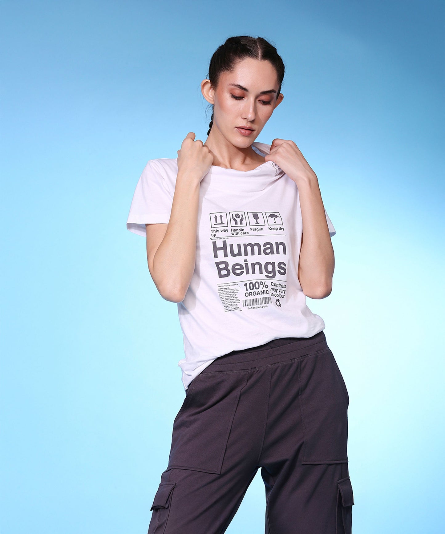 Trendy fashion joggers with pockets paired with a graphic t-shirt for a casual look
