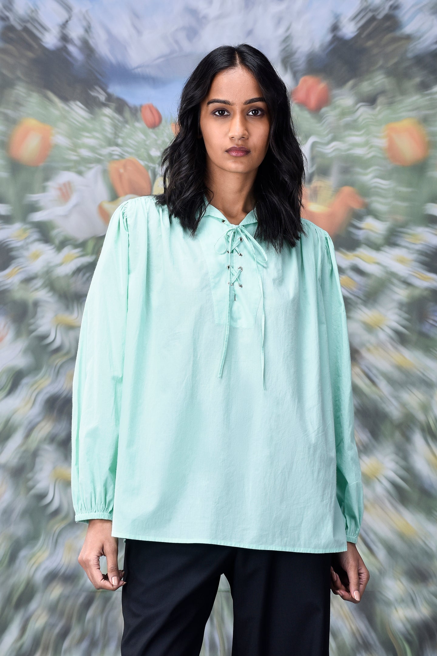Stylera mint green blouse with lace up neckline and billowy sleeves trendy loose fit women's top