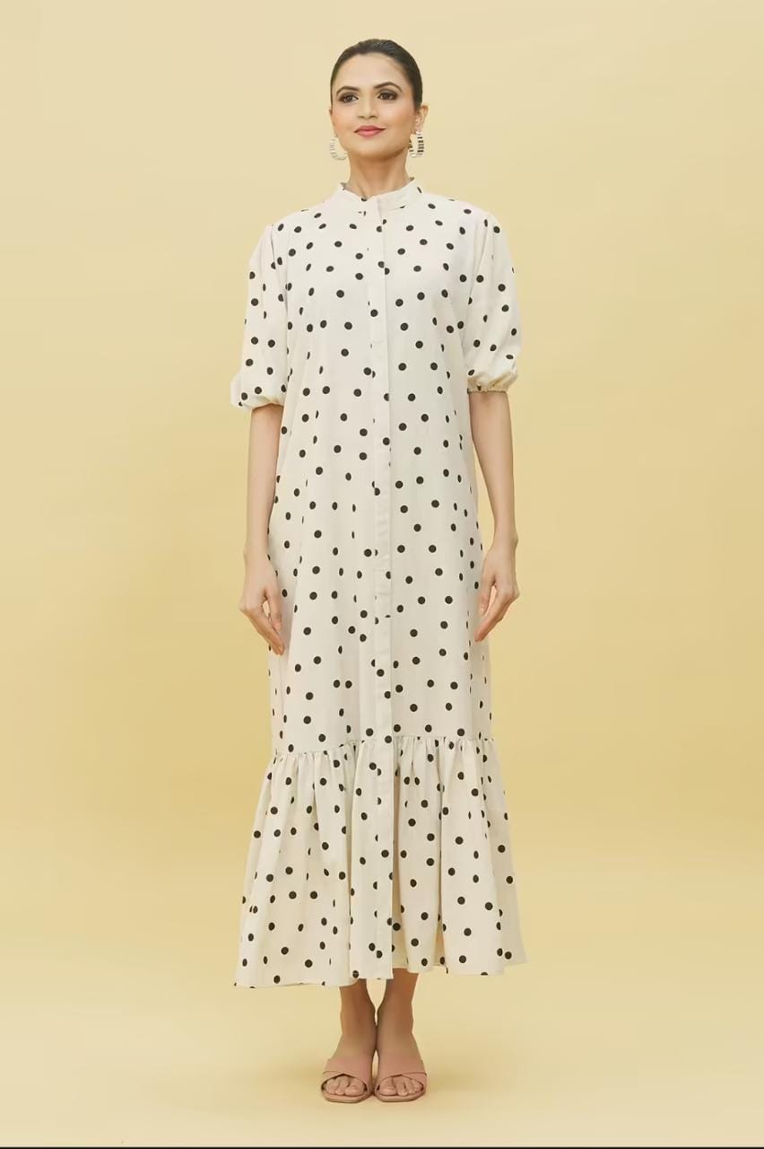 Stylera polka dot button down midi dress with ruffle hem and puff sleeves trendy midi dress for women
