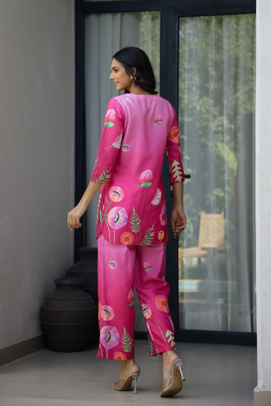 Back view of a trendy printed co-ord set for women from Stylera featuring vibrant floral patterns