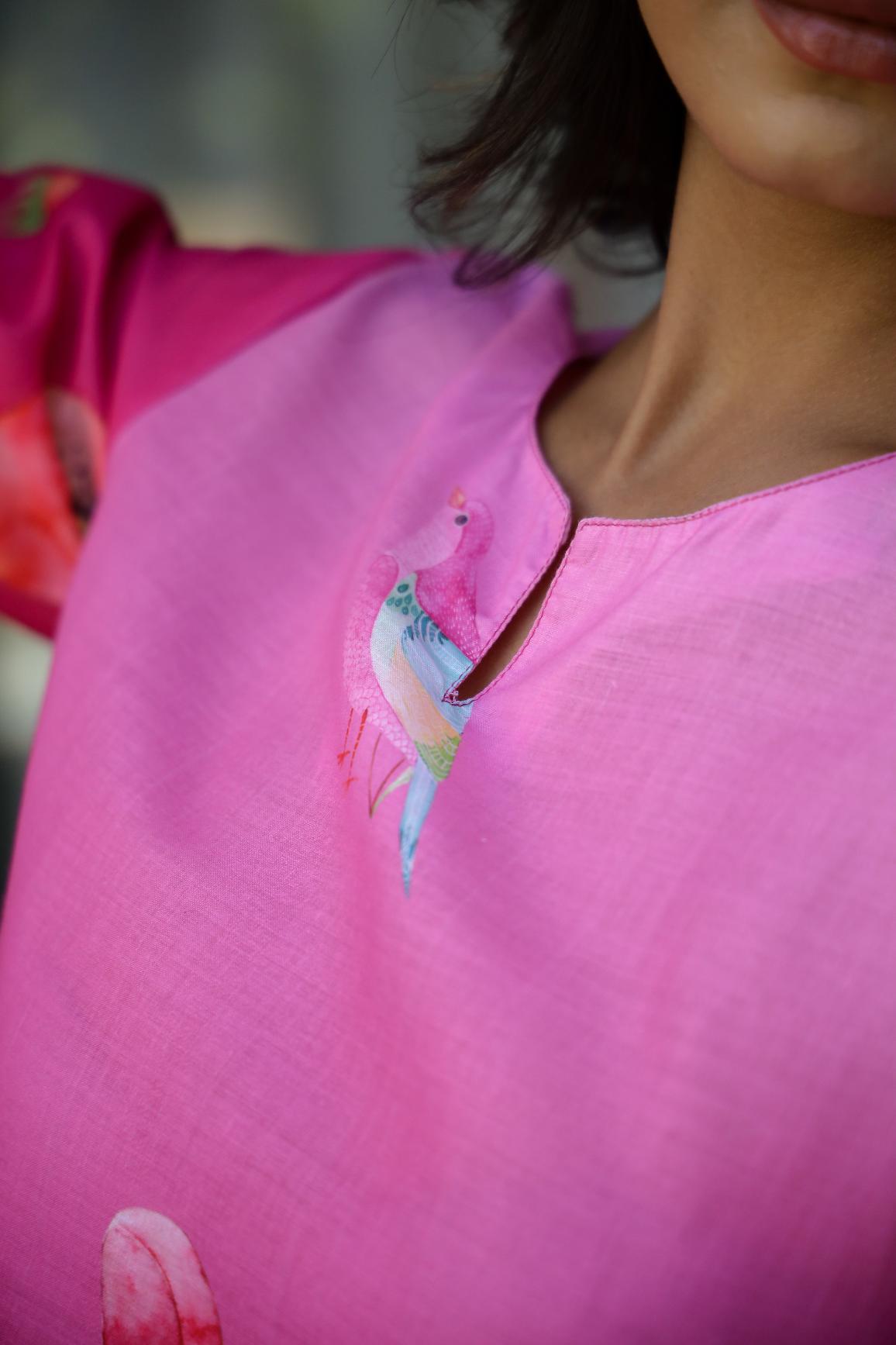 Close-up of a trendy printed co-ord set for women featuring a vibrant pink design and artistic details
