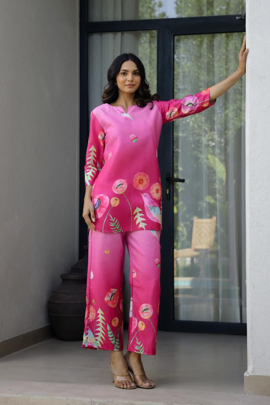 Trendy printed co-ord set for women in pink with floral designs, perfect for casual outings