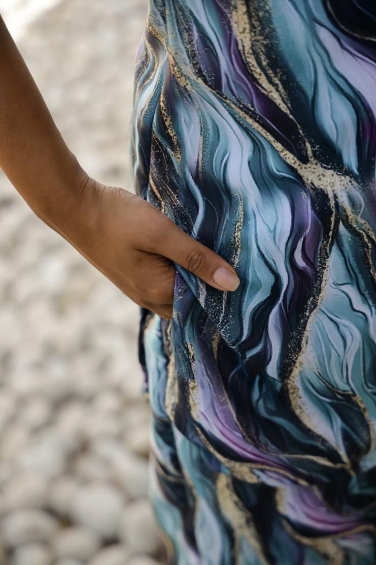 Trendy satin pajamas set with a beautiful abstract pattern featuring a stylish pocket detail