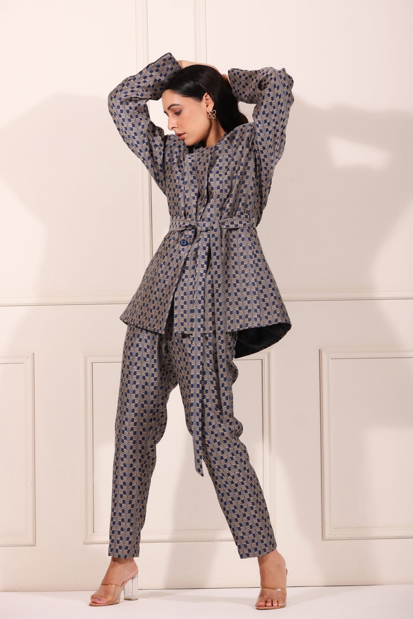 Trendy two piece pant suit women with stylish design and belted waist for a modern look