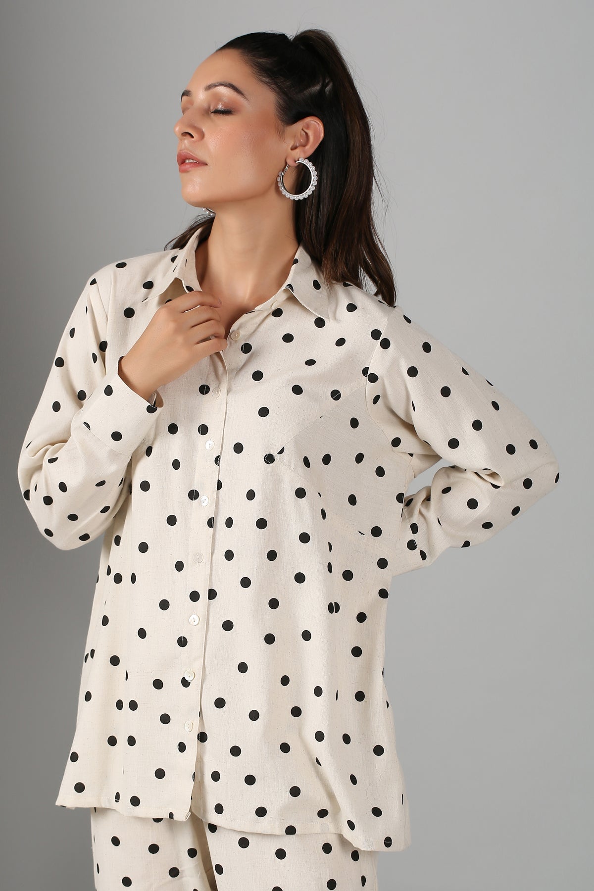 Stylera two piece outfit polka dots cream button up long sleeve top with matching polka dot pants