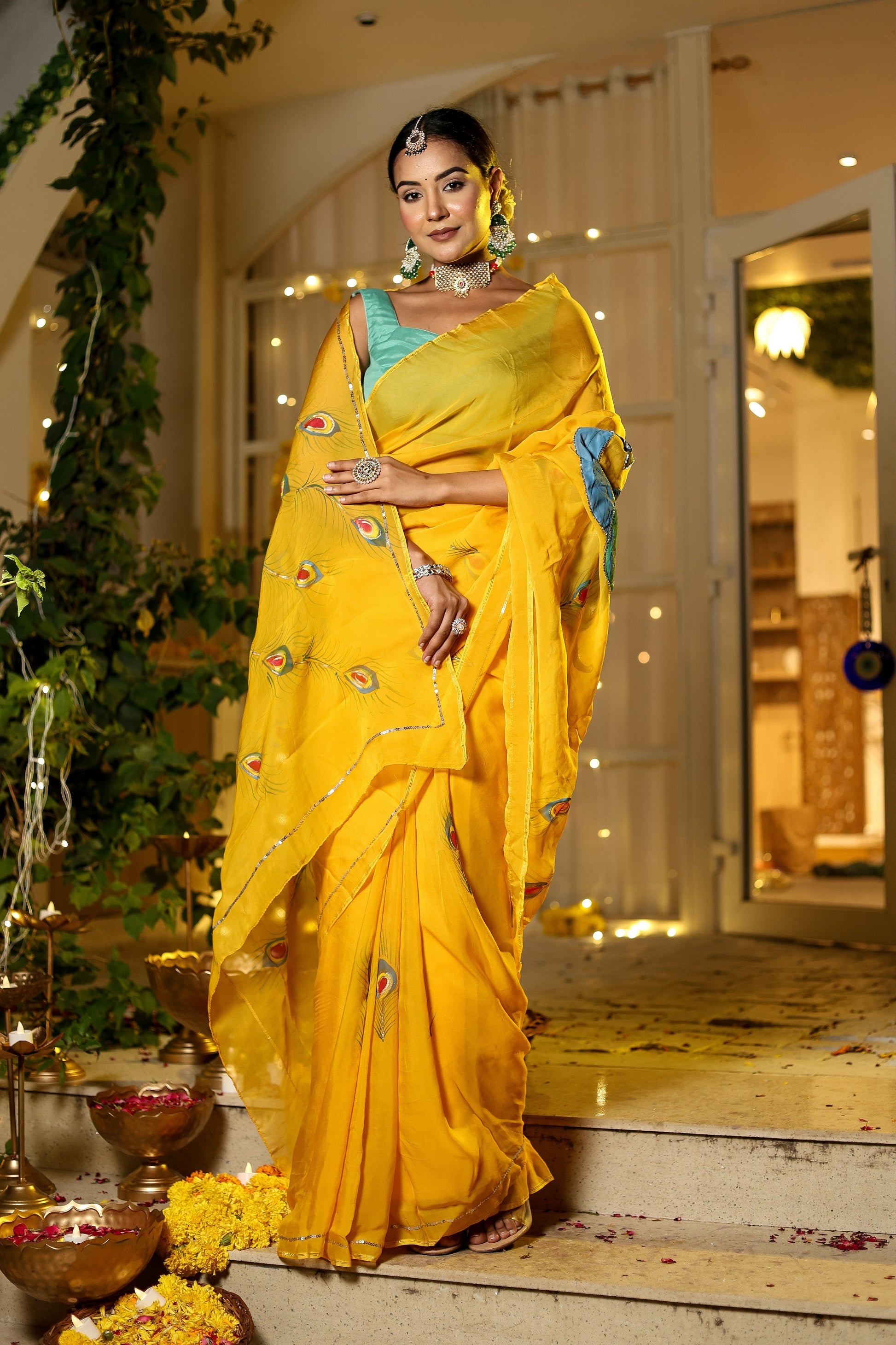 Elegant unique Indian saree with embroidery in vibrant yellow, styled for festive occasions