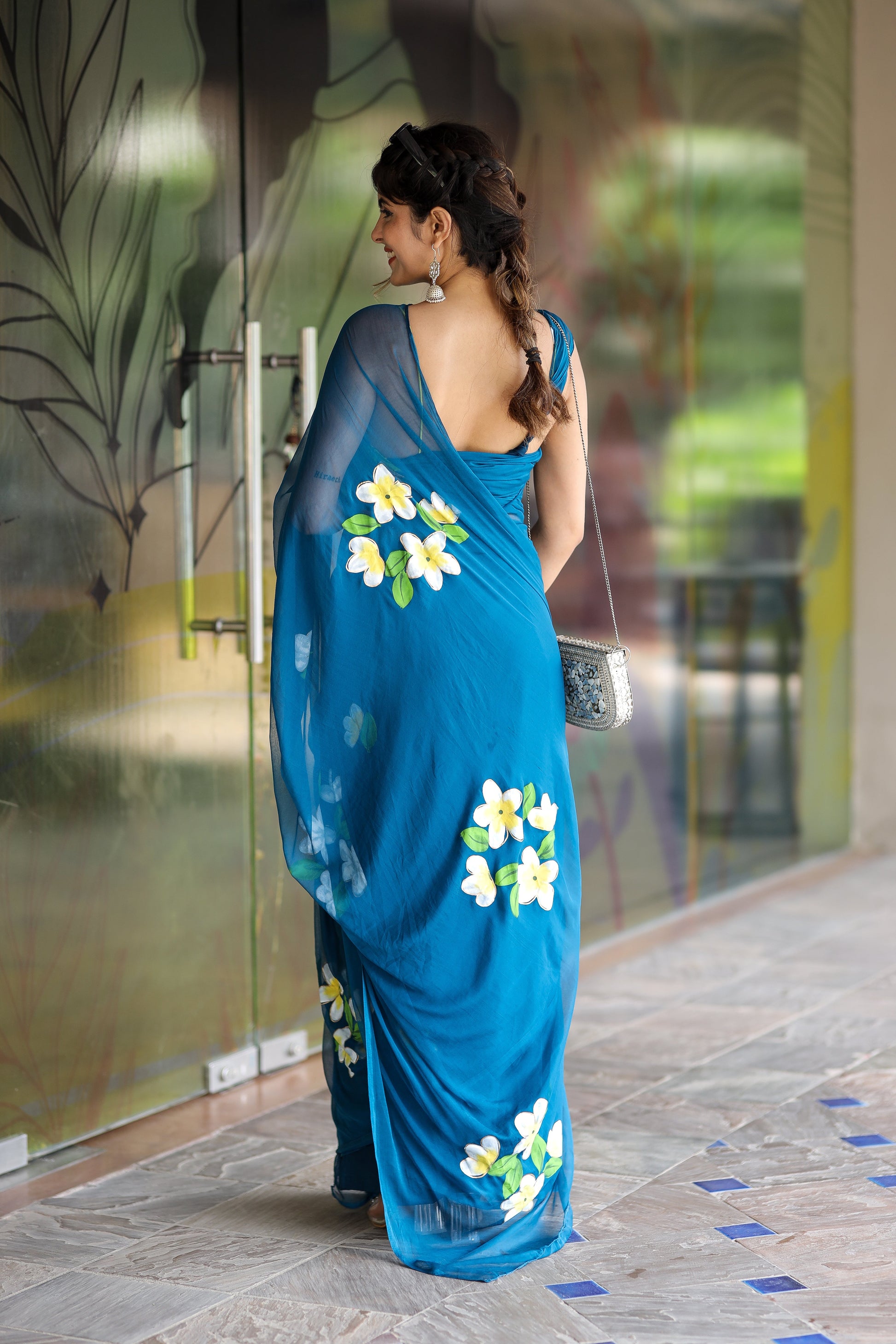 Elegant blue unique party wear saree with floral embroidery for special occasions