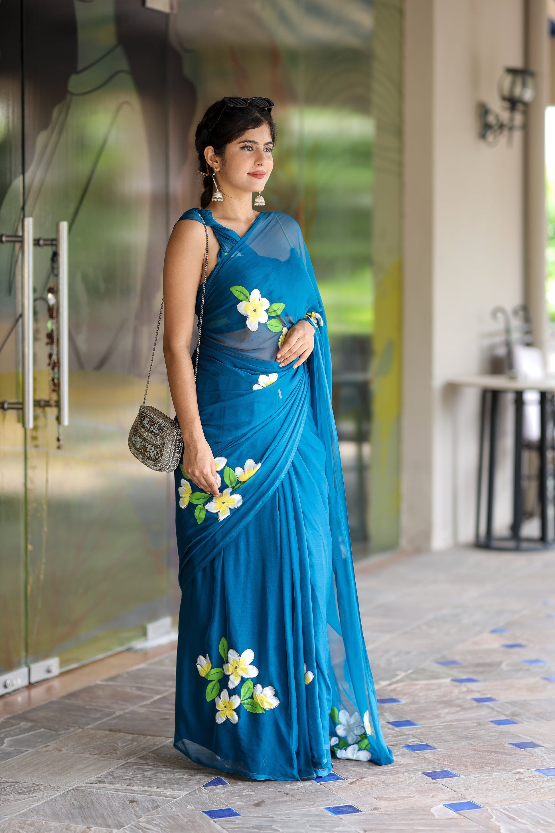 Beautiful blue unique party wear saree with floral embroidery for elegant occasions