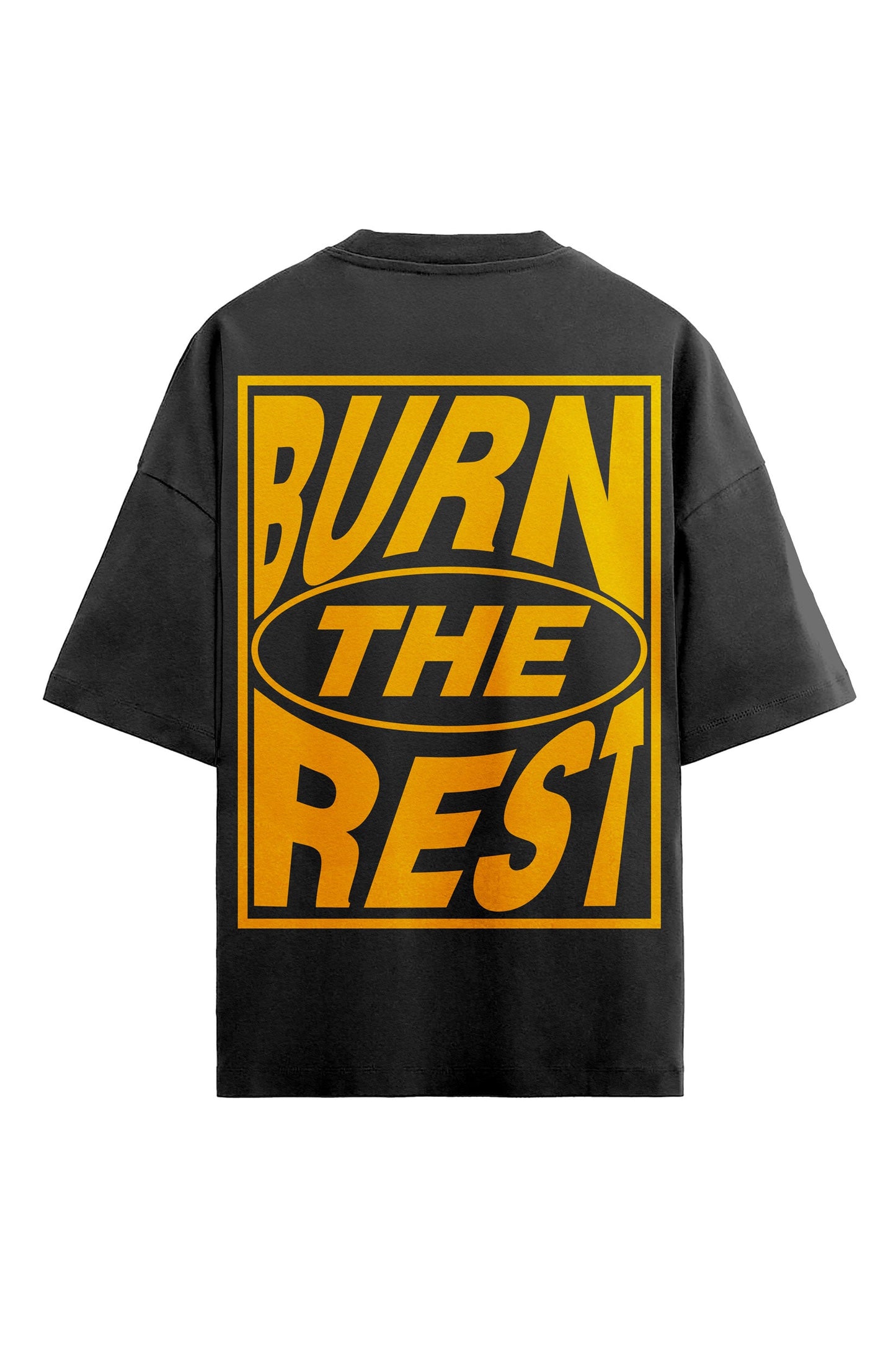Stylera black graphic t-shirt trendy oversized back view with bold yellow BURN THE REST graphic