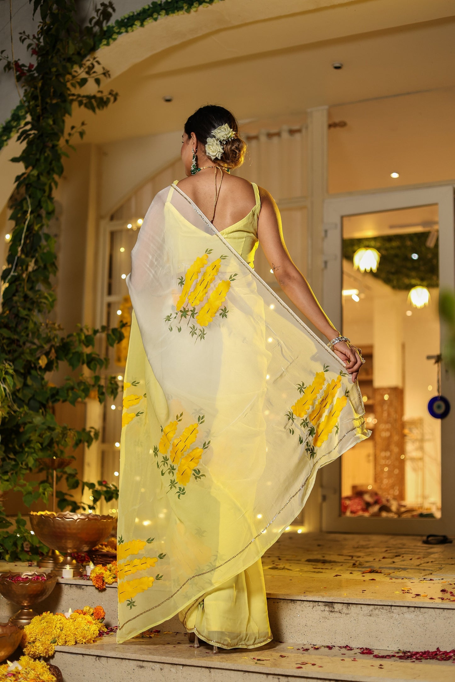 Elegant wedding organza saree yellow with floral embroidery, perfect for festive occasions