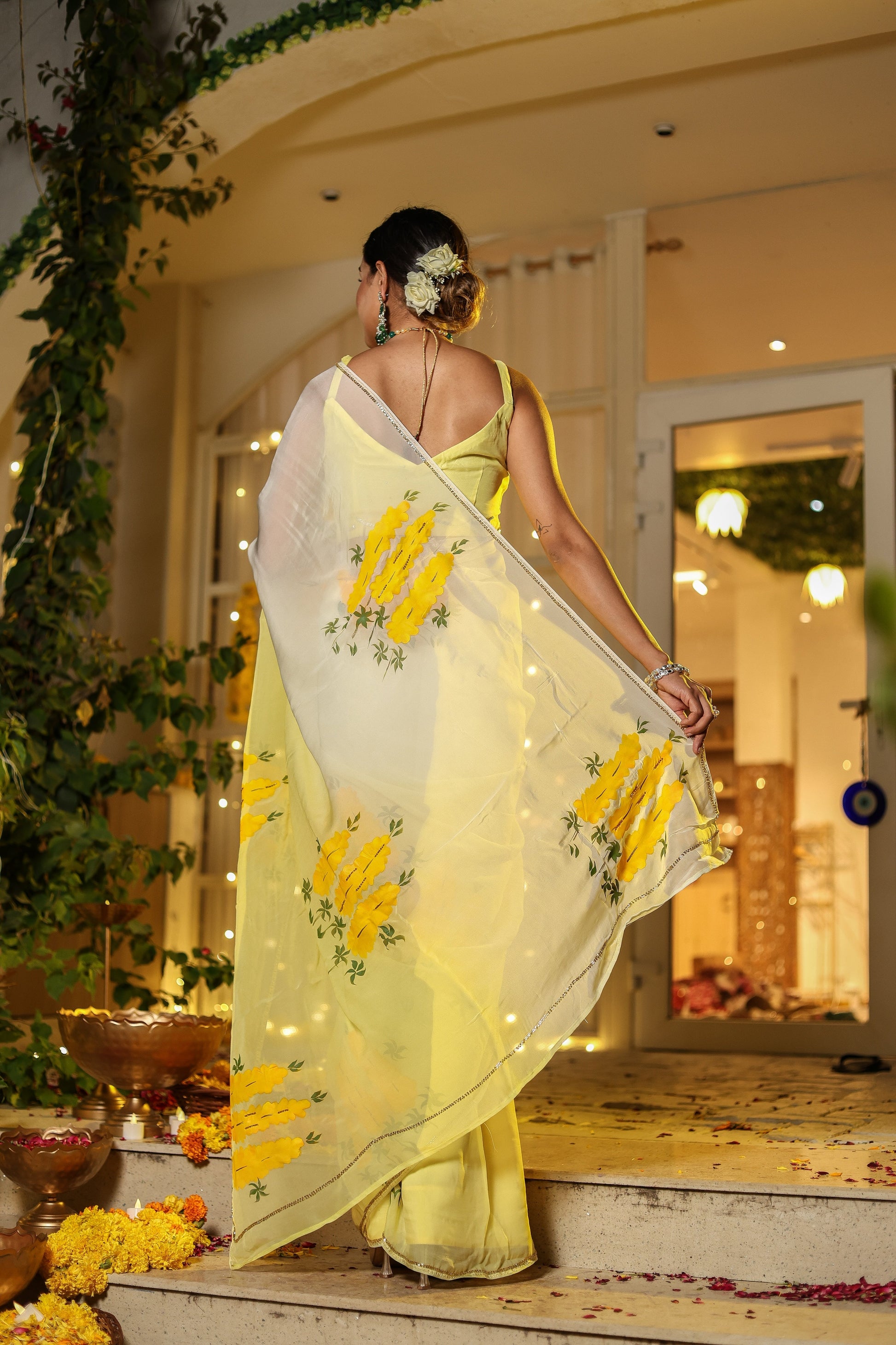 Elegant wedding organza saree yellow with floral embroidery, perfect for festive occasions