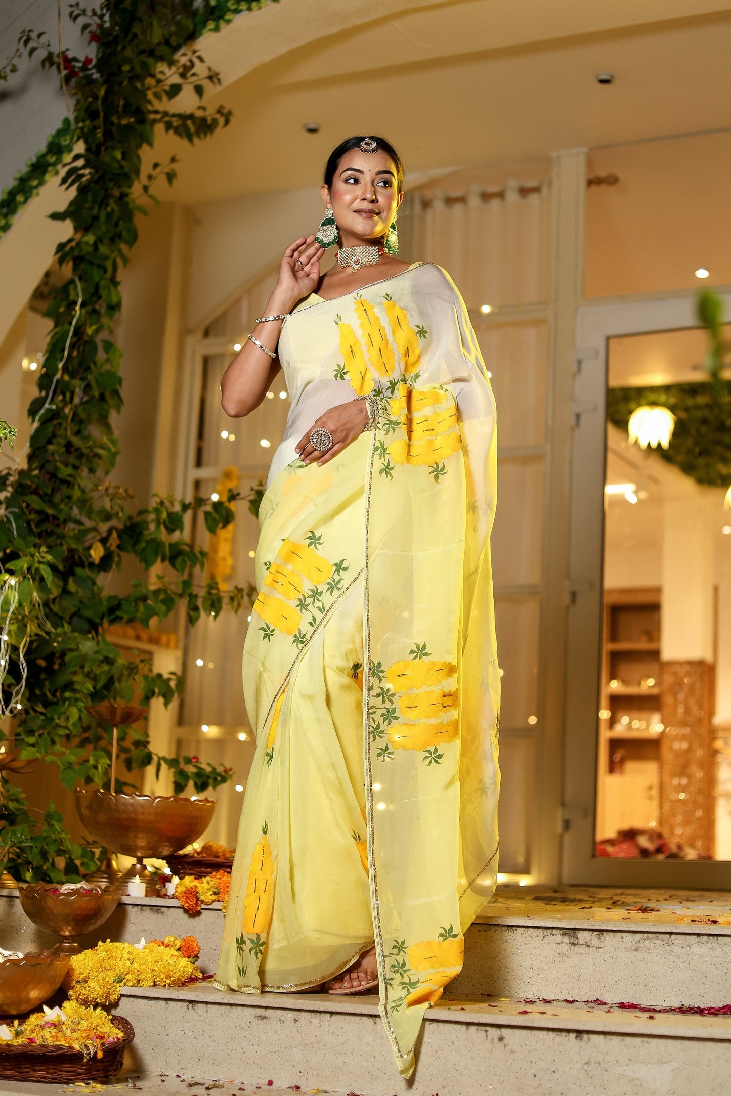 Elegant wedding organza saree yellow with floral designs, perfect for festive occasions and celebrations