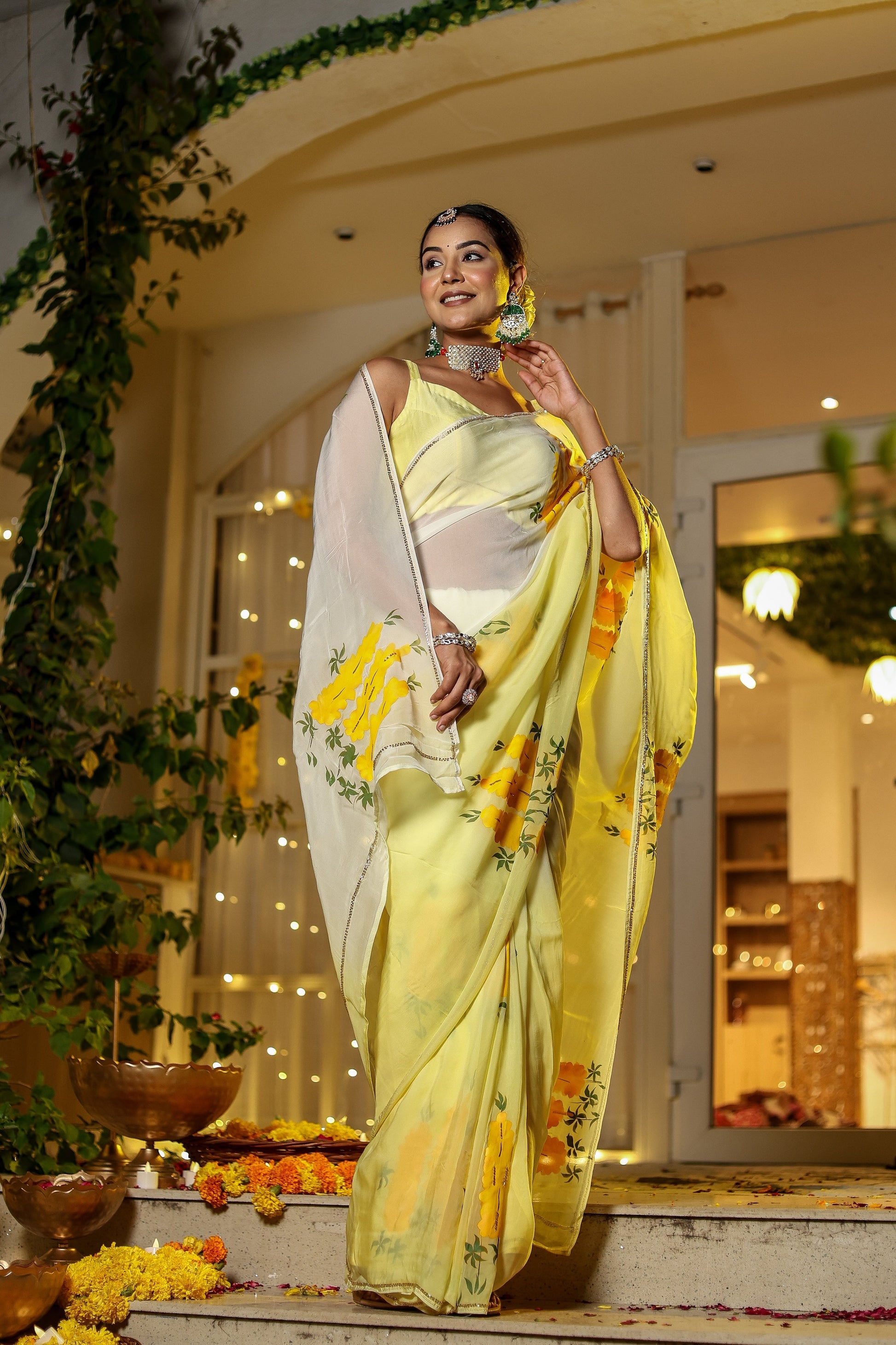 Elegant wedding organza saree yellow by Stylera with floral designs, perfect for festive occasions