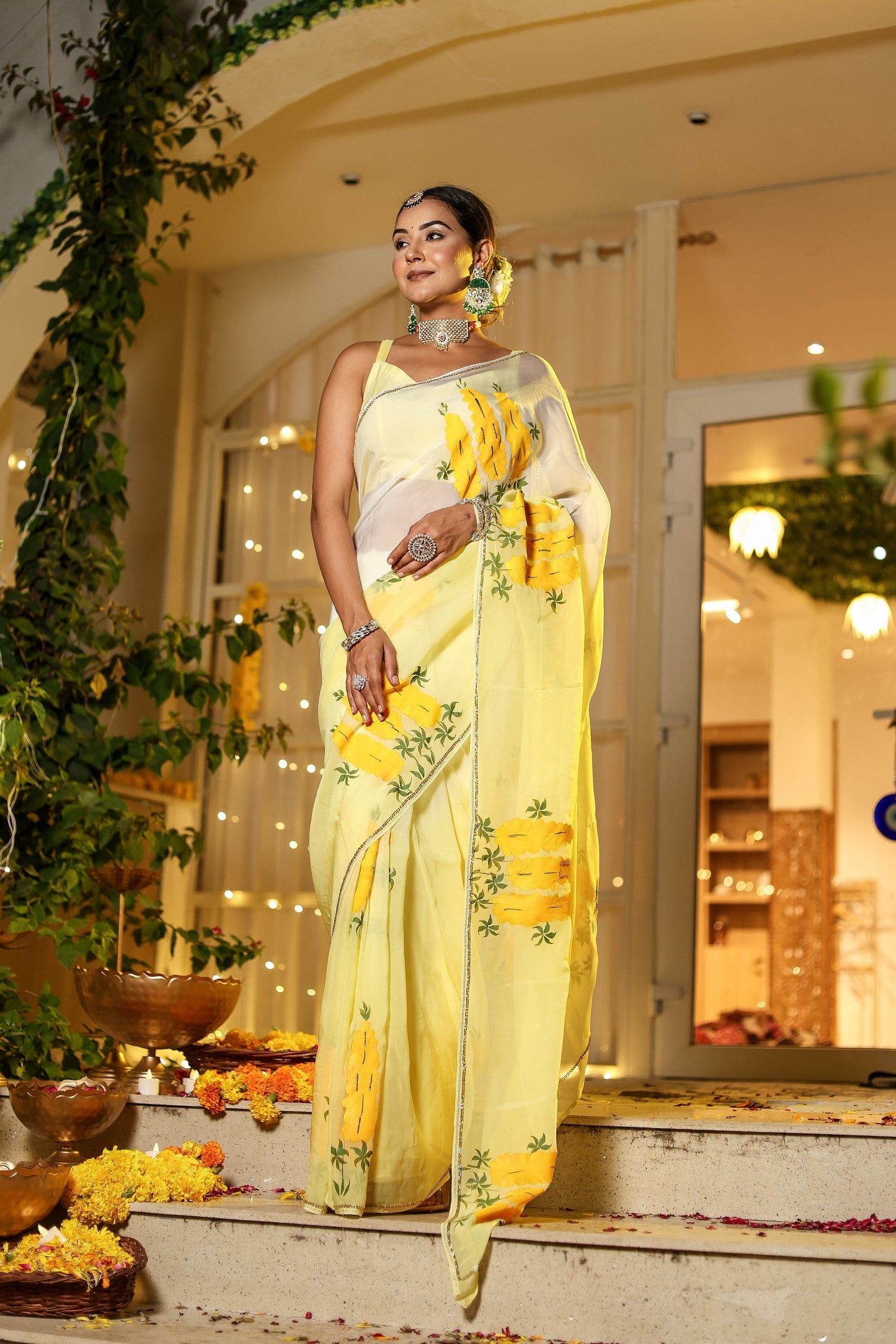 Elegant wedding organza saree yellow with floral print, perfect for festive occasions and celebrations