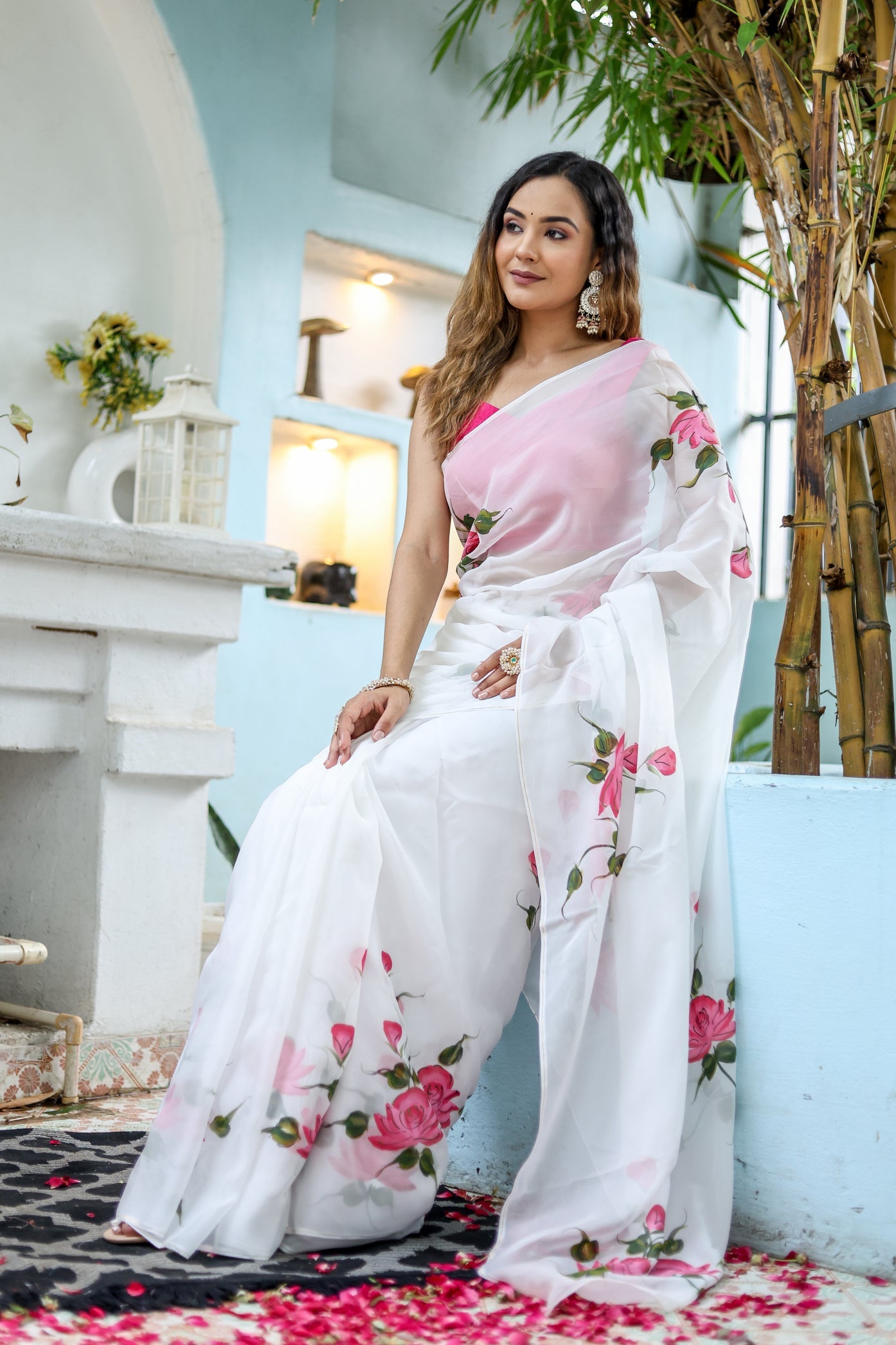 Elegant white floral saree for women with pink rose embroidery, ideal for special occasions