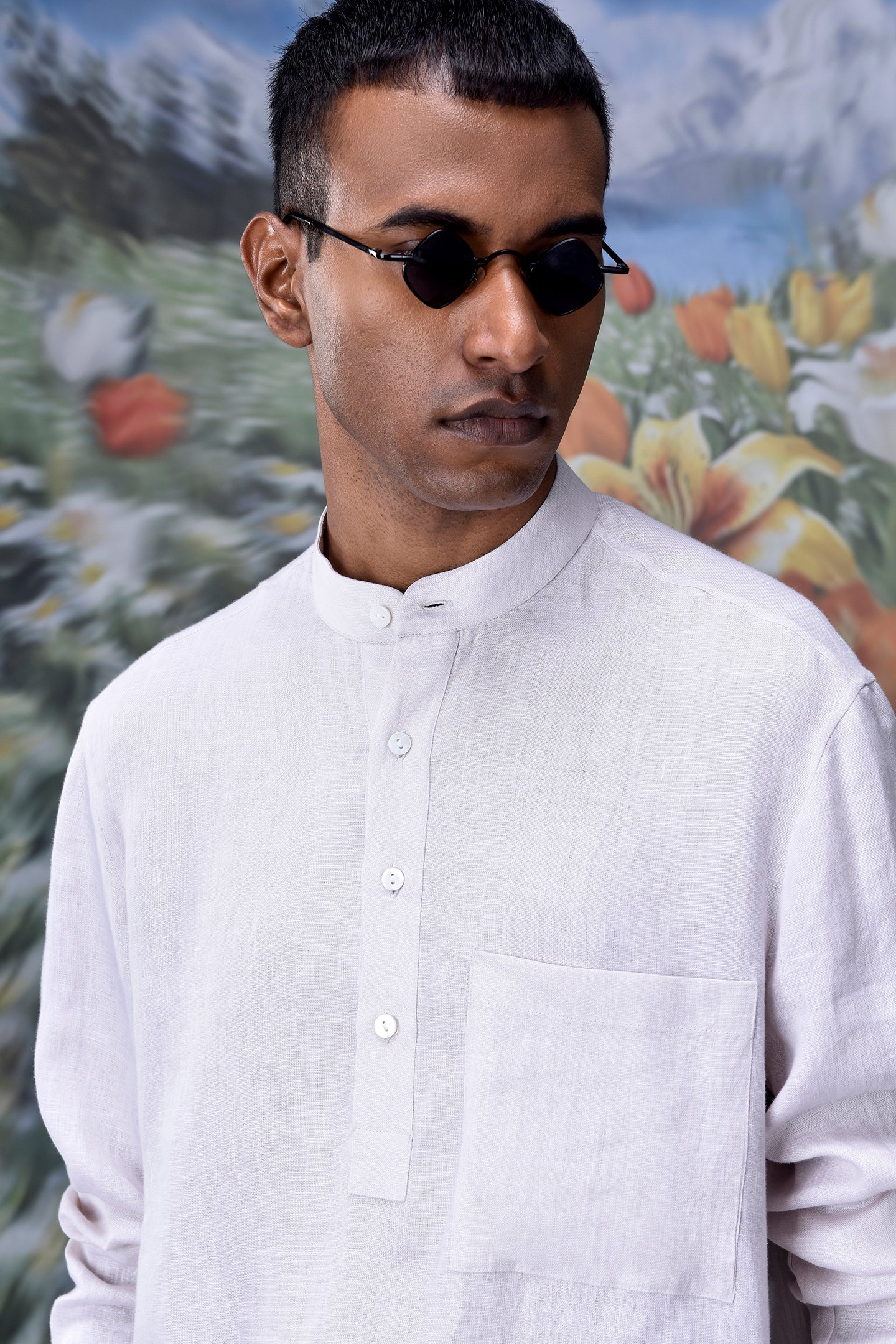 Stylera white linen casual shirt for men with mandarin collar chest pocket