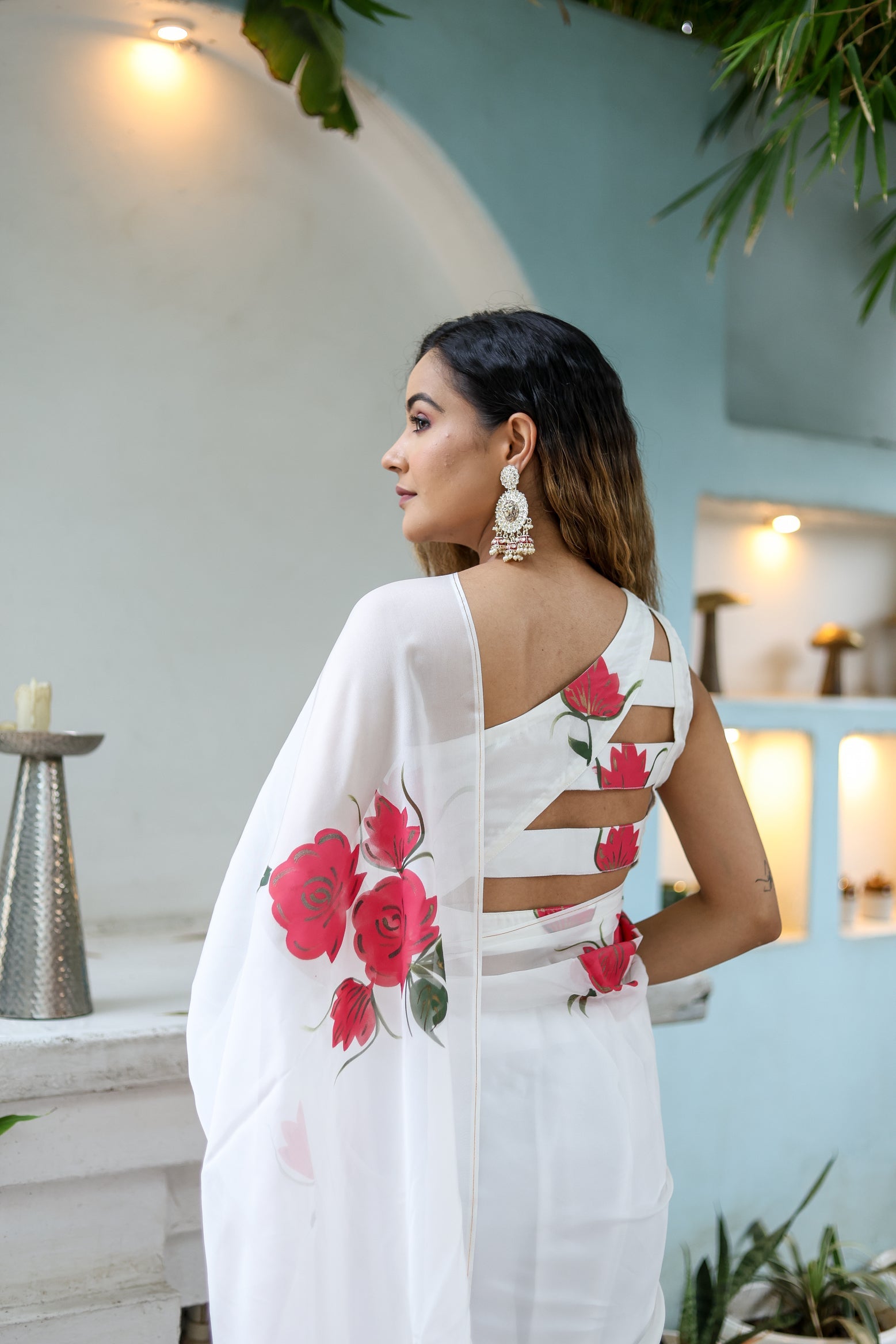 Stylera White Organza Saree for Women with Floral Print and Stylish Back Design