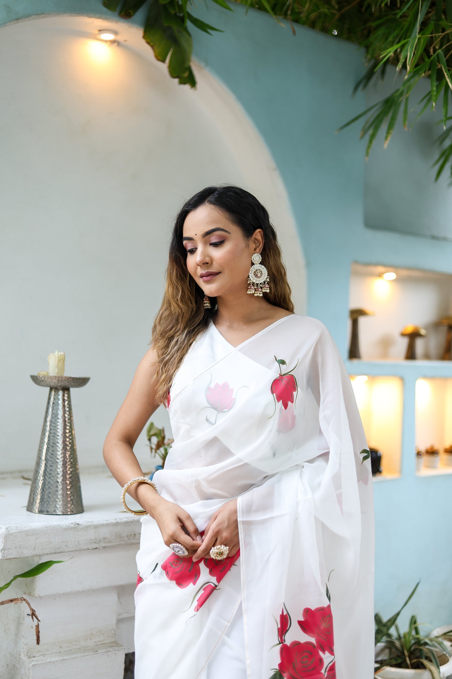 Elegant white organza saree for women with floral designs perfect for special occasions
