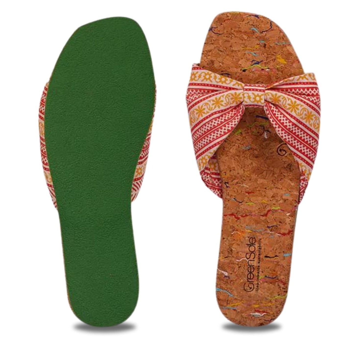 Womens rainbow sandal flip flop with a stylish bow and cushioned cork sole for comfort