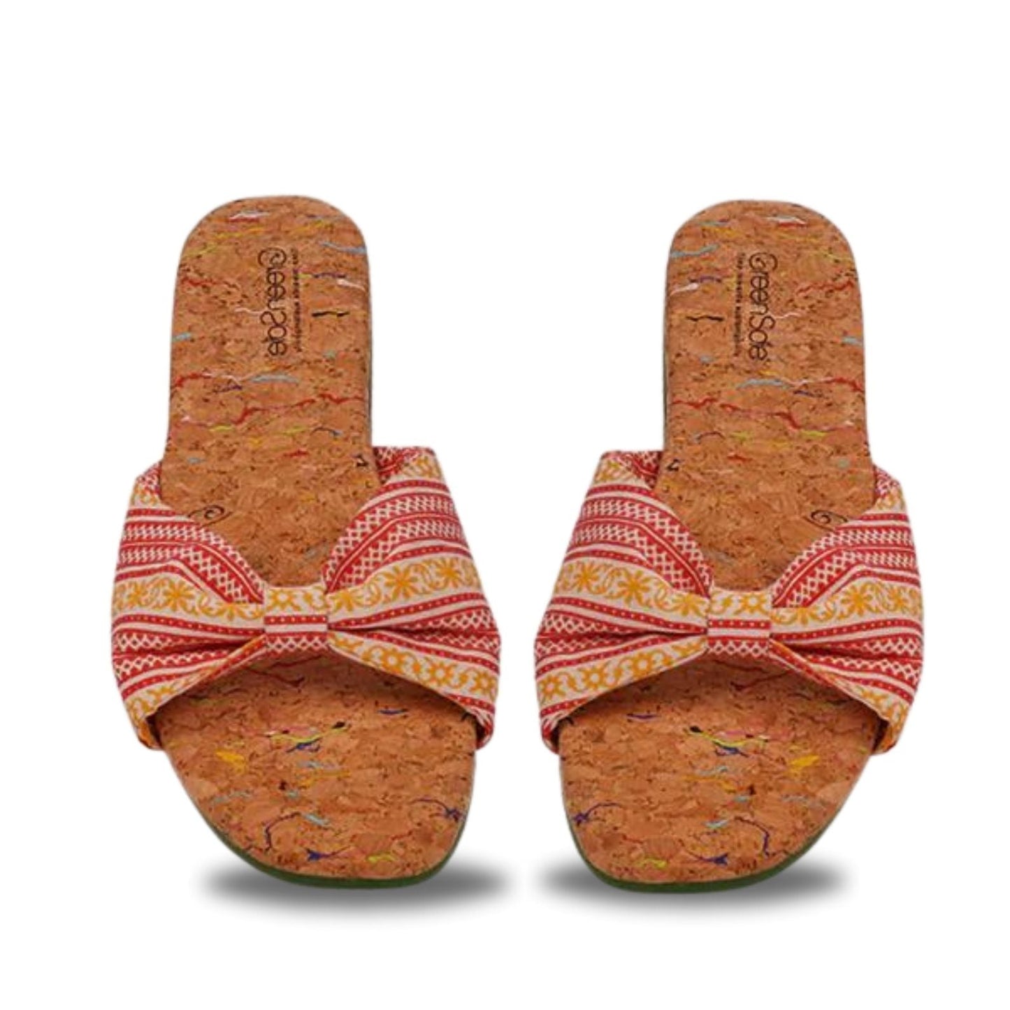 Womens rainbow sandal flip flop with a bow design and cork sole for stylish comfort