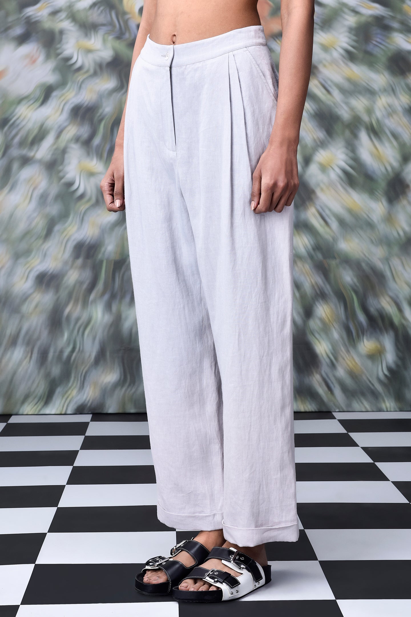 Stylera women's regular fit linen pants in white with pleats and straight legs