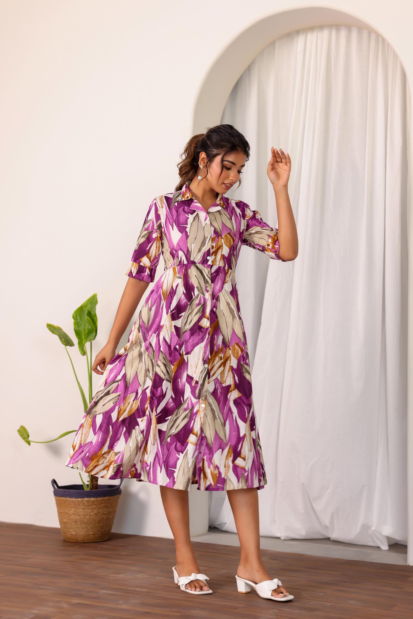 Stylera women's summer cotton dress in floral pattern featuring a button-down design and midi length