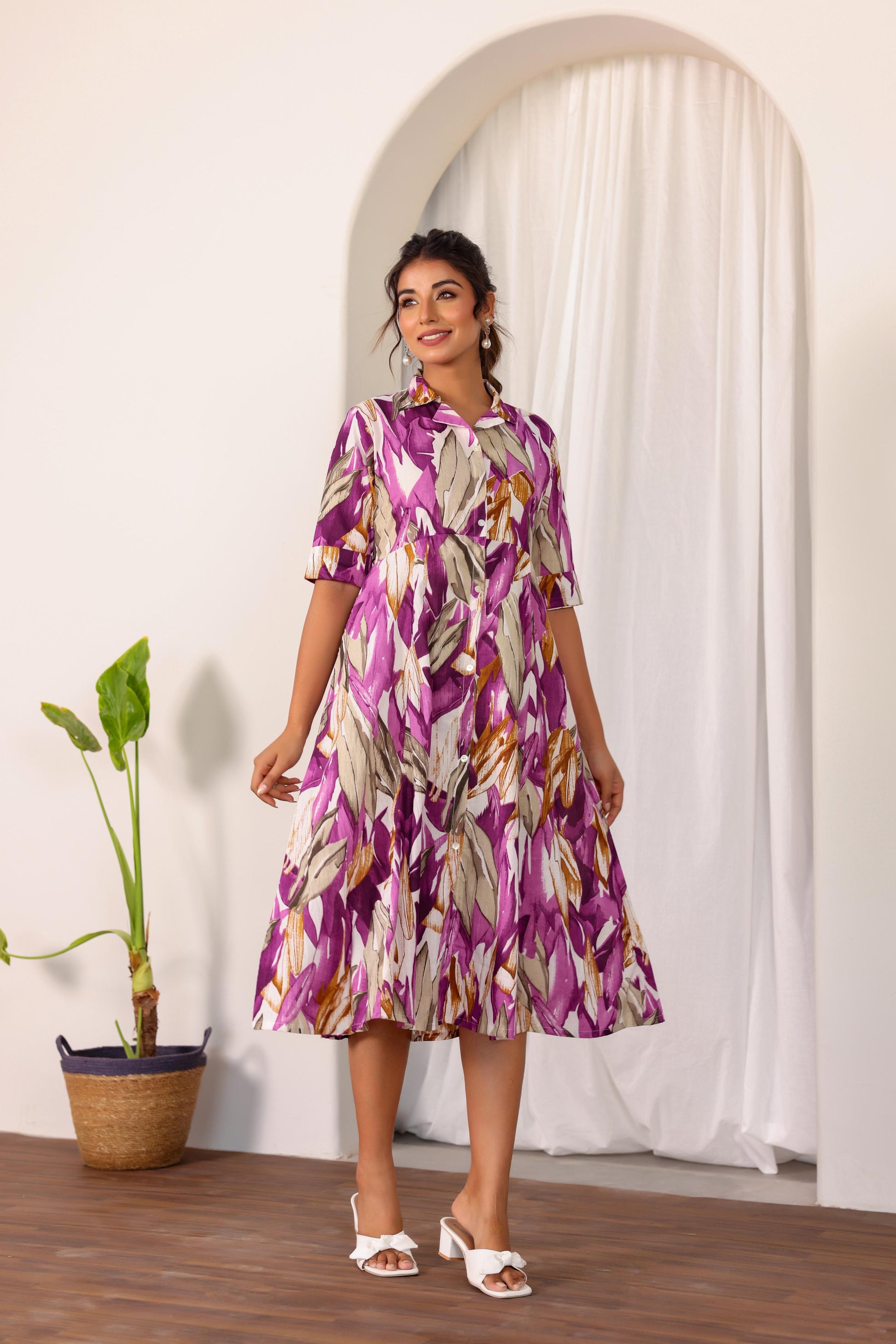 Stylera women's summer cotton dress in vibrant purple with floral print and relaxed fit