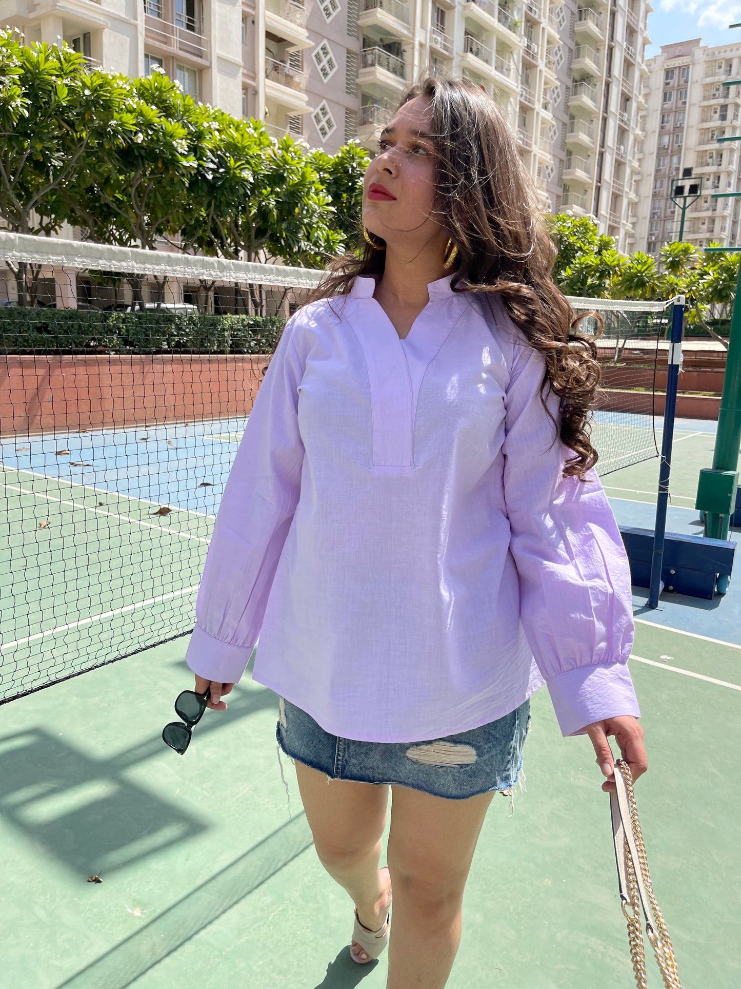 Stylera women's trendy summer tops in light purple with balloon sleeves for a stylish casual look