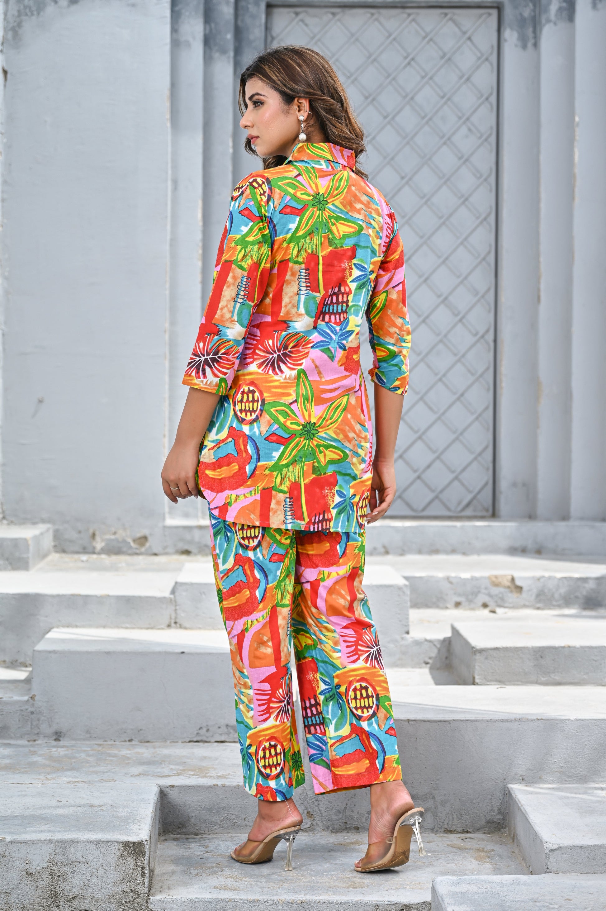 Back view of women’s tropical print co-ord set in vibrant colors, perfect for summer outings
