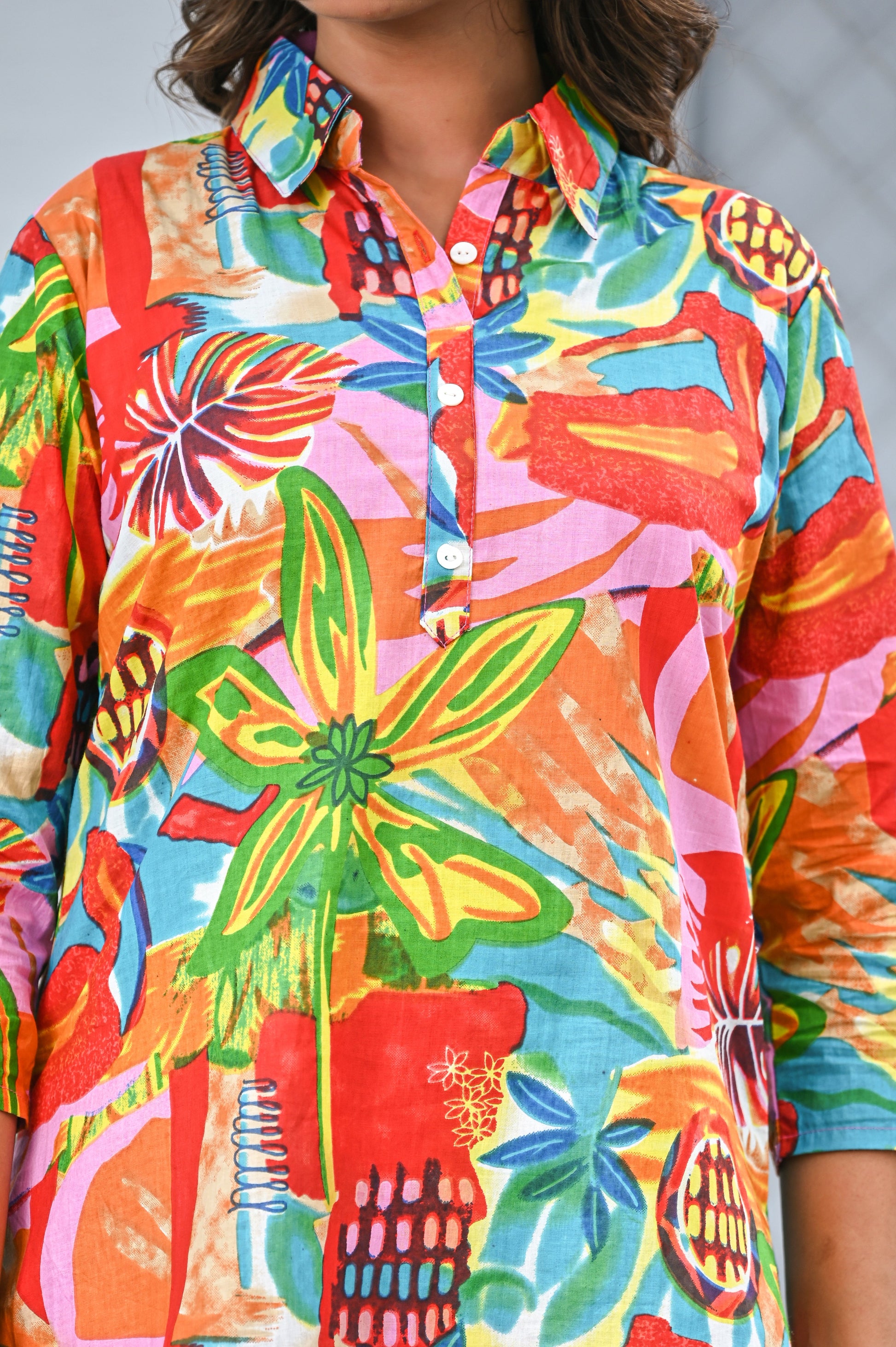 Colorful women’s tropical print co-ord set featuring a vibrant floral design