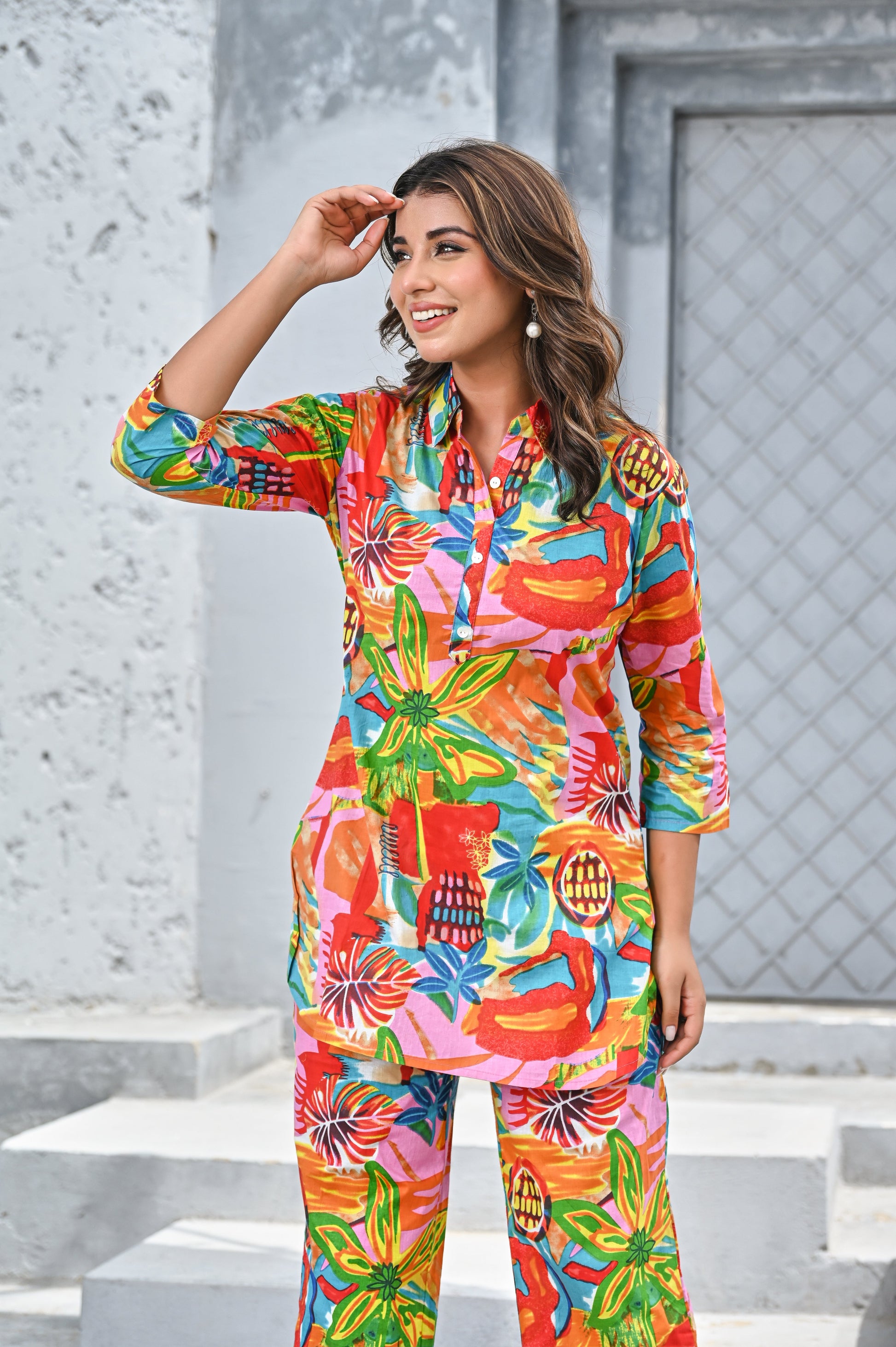 Colorful women’s tropical print co-ord set featuring vibrant floral patterns and a stylish design
