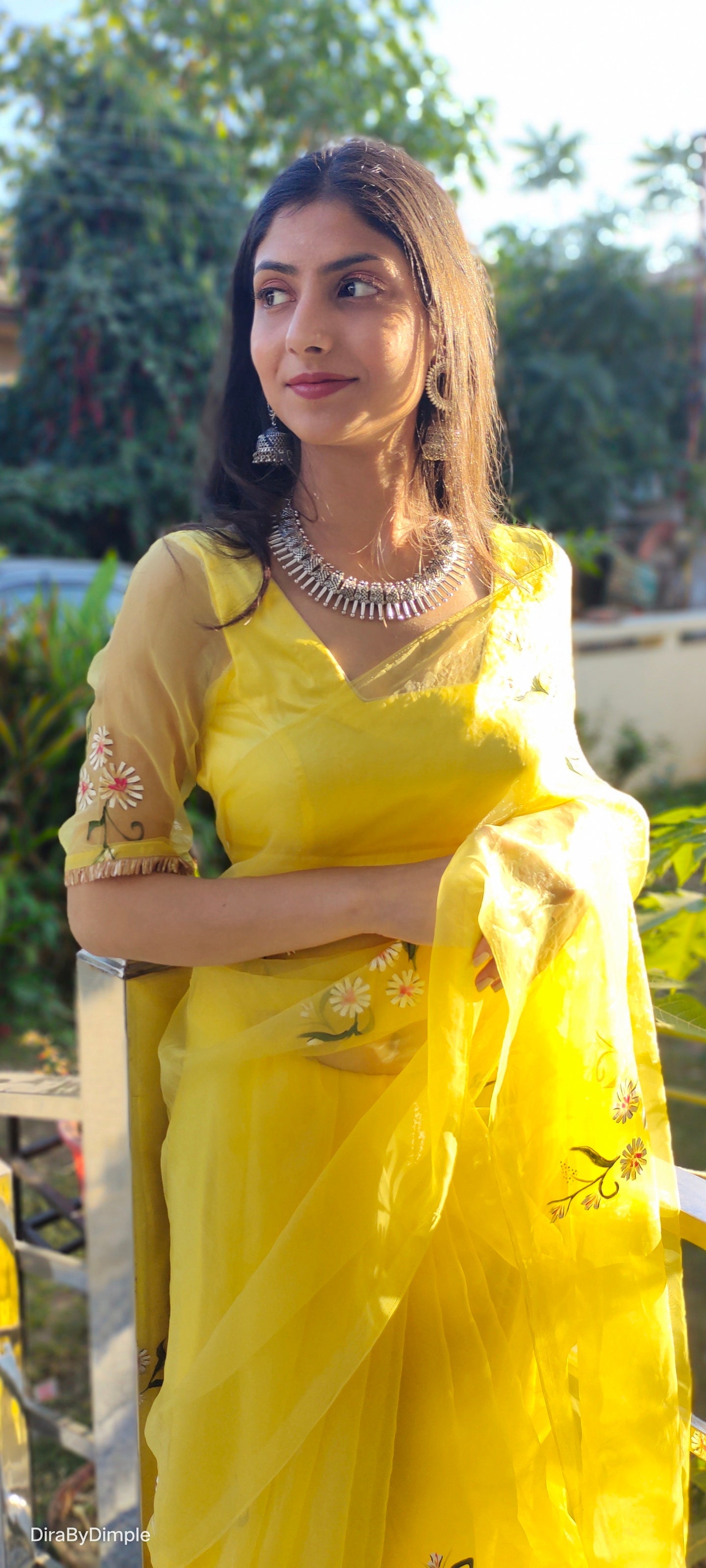 Elegant yellow sunflower saree by DiraByDimple with delicate floral embroidery for festive occasions