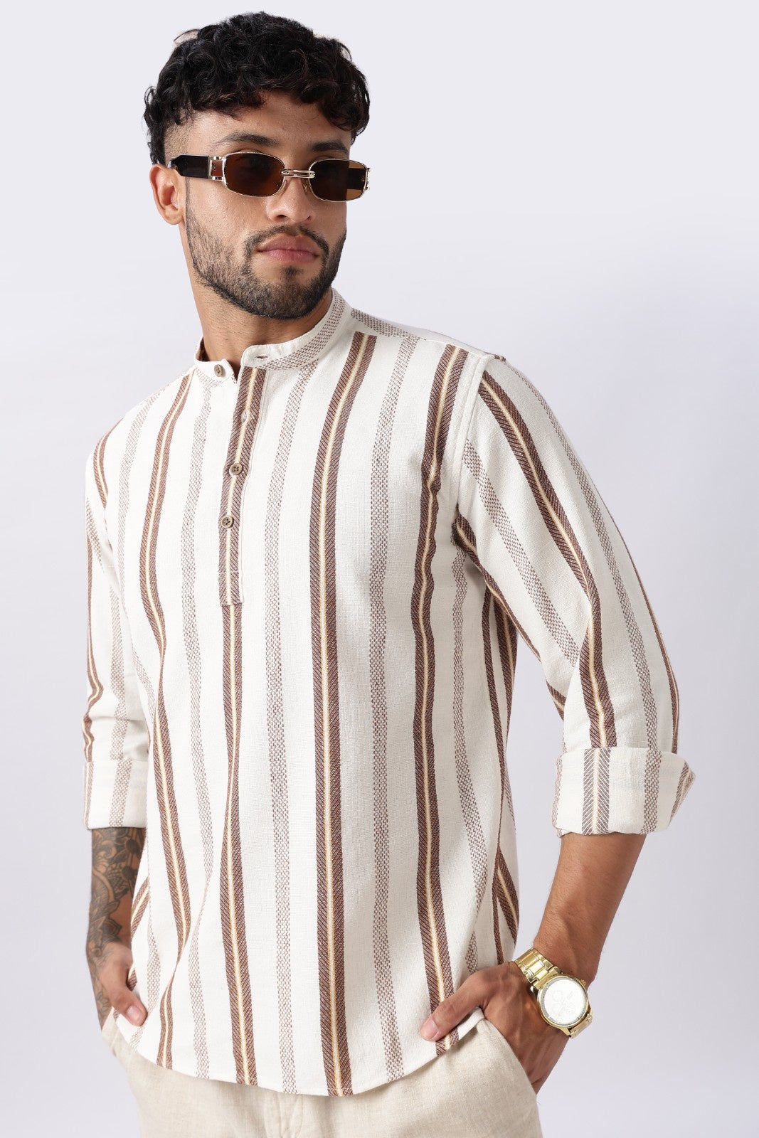 Off white dobby stripe short kurta — Onam outfit for men 2026