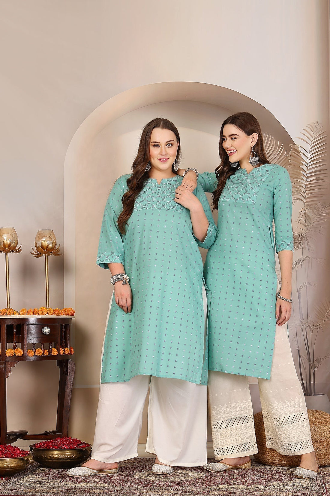 Sea green embroidered-yoke kurta for Dussehra — Stylera