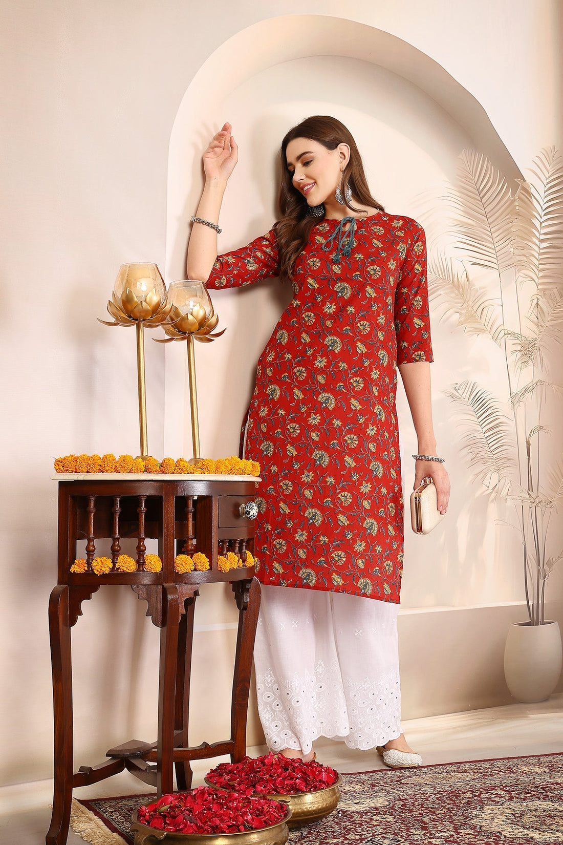 Red floral tie-up neck kurta for Durga Puja — Stylera
