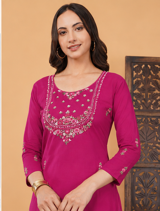 Pink Thread Embroidered Ethnic Straight Long Kurti | Casual Office Wear Daily Wear