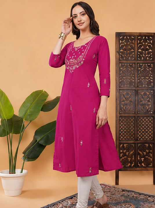 Pink Thread Embroidered Ethnic Straight Long Kurti | Casual Office Wear Daily Wear