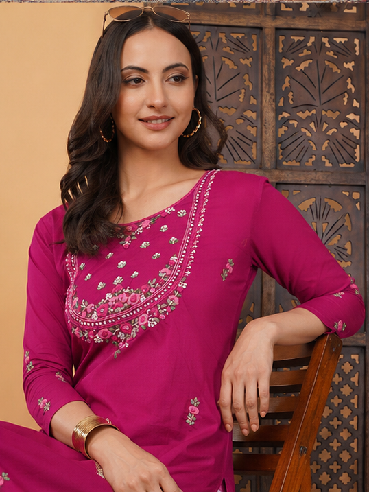 Pink Thread Embroidered Ethnic Straight Long Kurti | Casual Office Wear Daily Wear