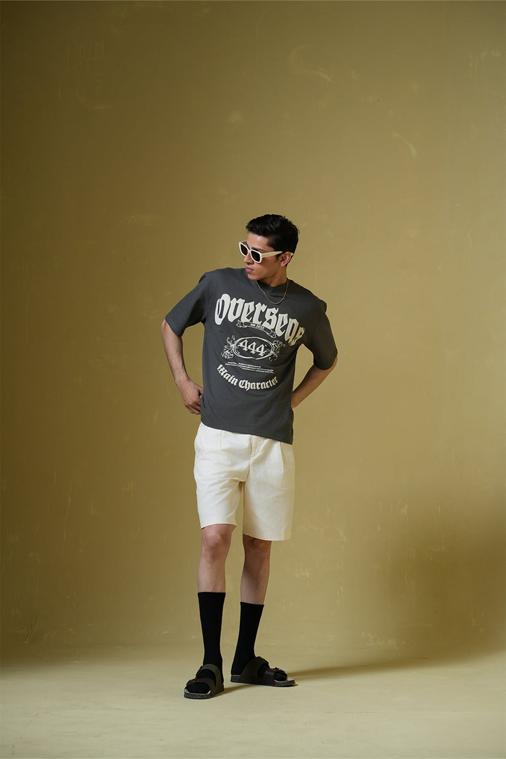 Overseas Printed Smokey Grey Oversized T-Shirt Main Character