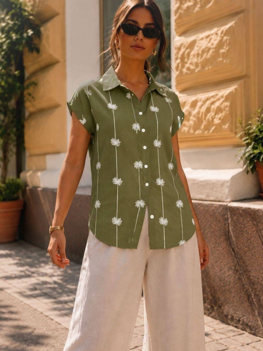 Army Green Tropical Print Cut Away Collar Regular Fit Rayon Shirt