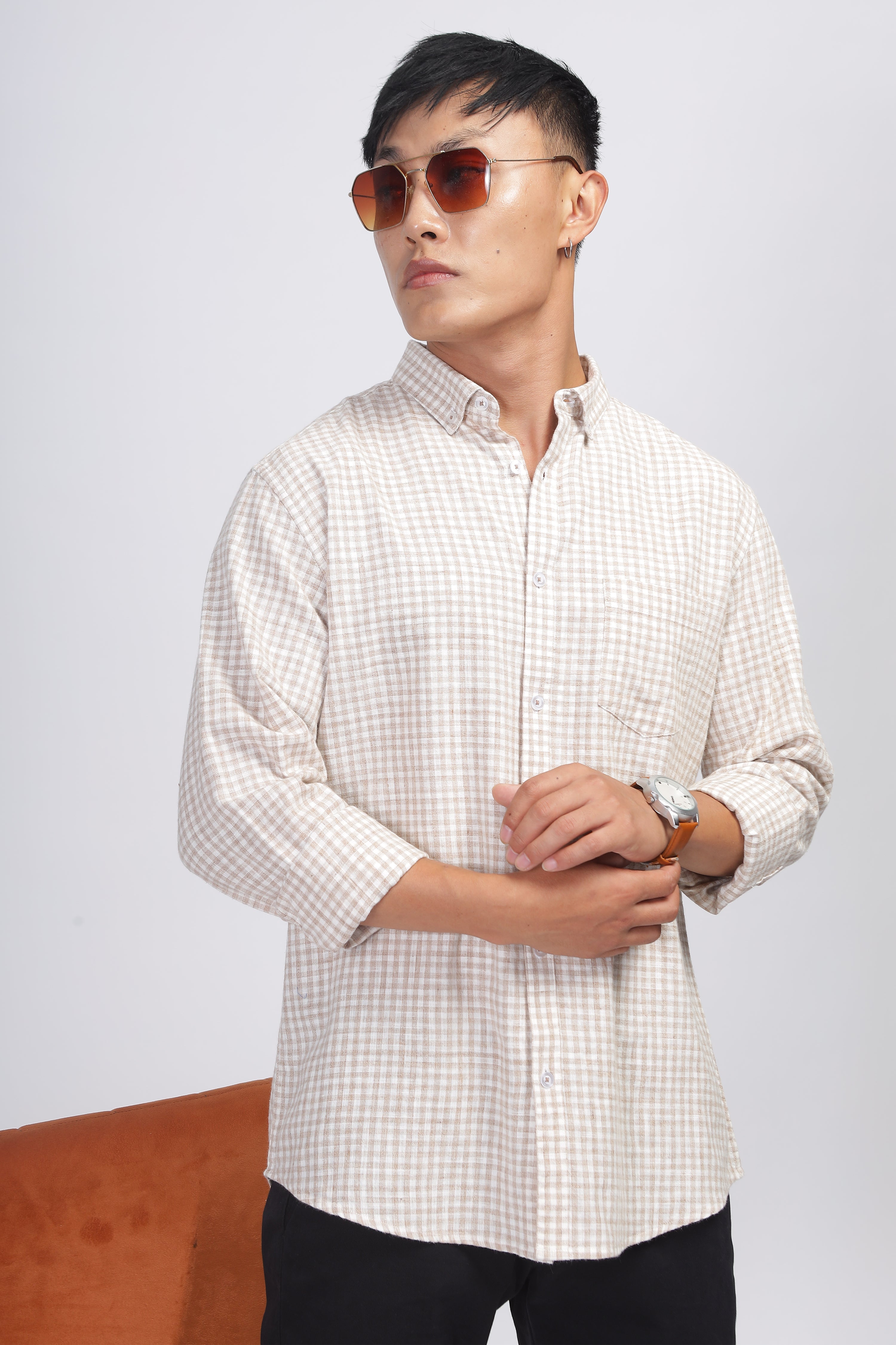 Uri Light Brown Gingham Check Cotton Shirt Uri