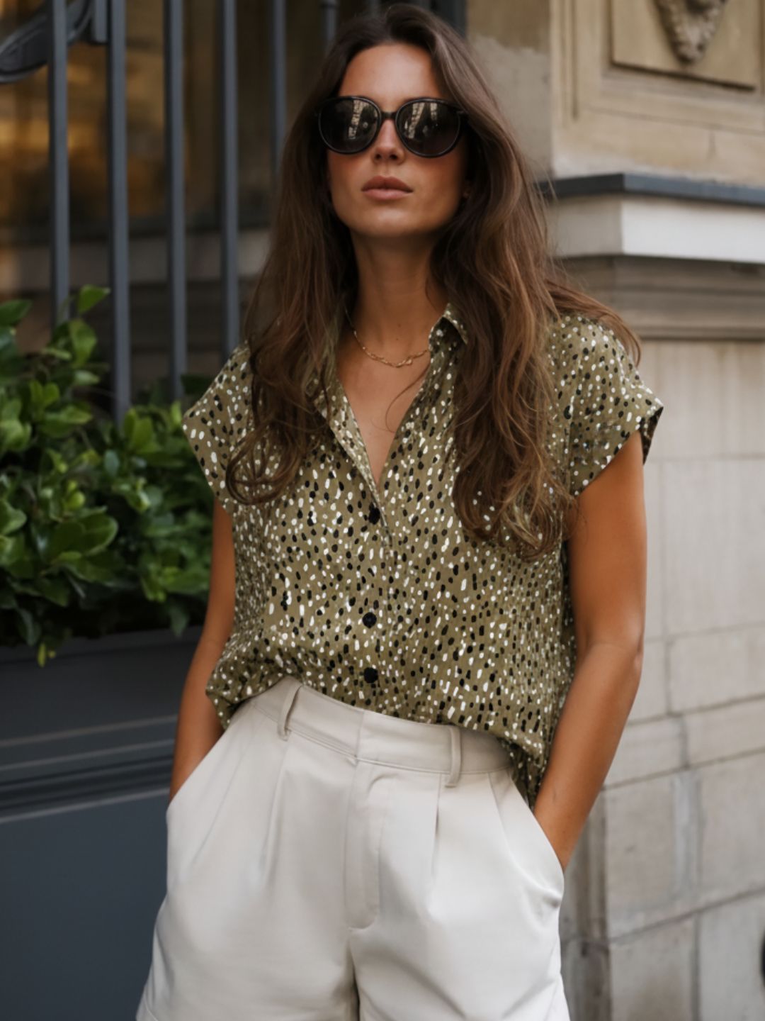 Olive Green Animal Print Cut Away Collar Regular Fit Rayon Shirt