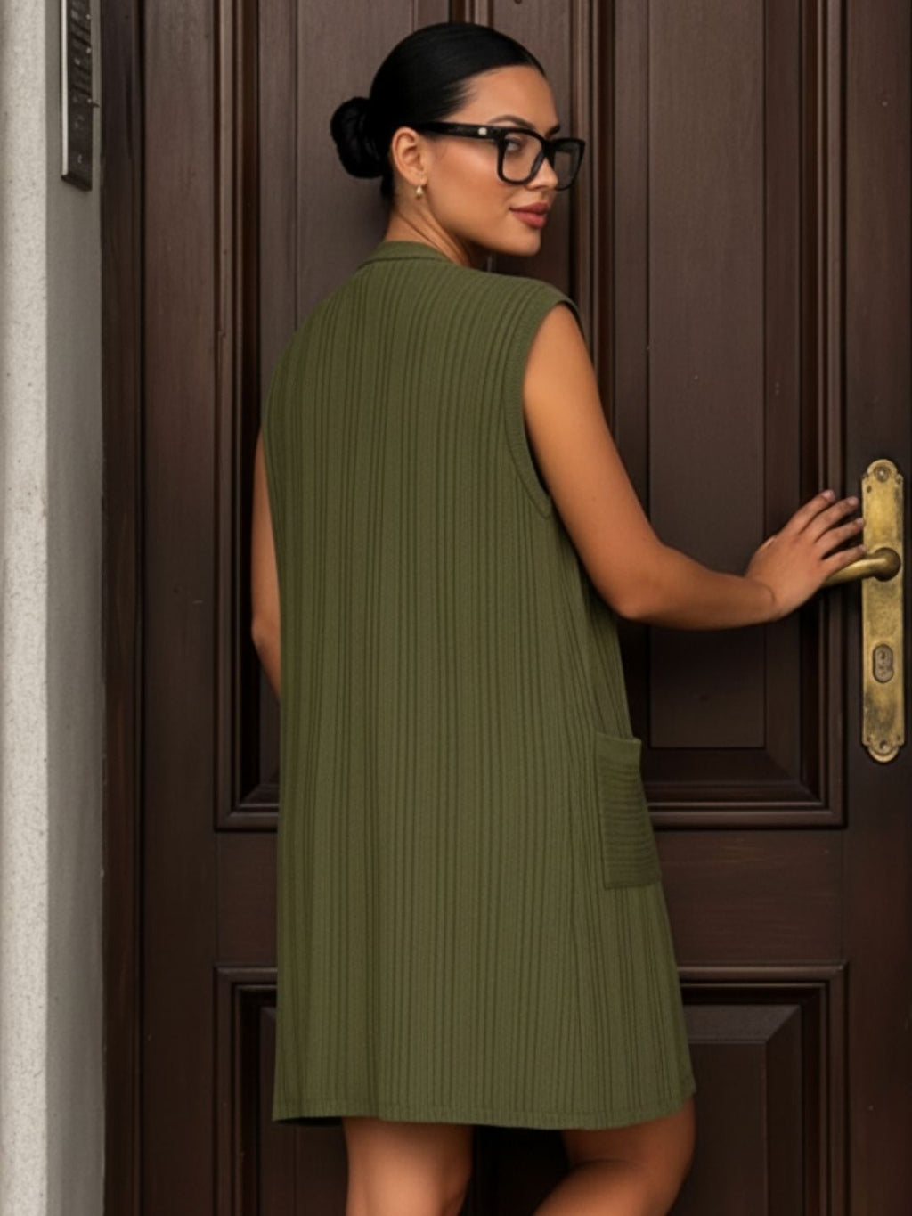 Army Green Self Textured Drop Needle Sleeveless Shrug