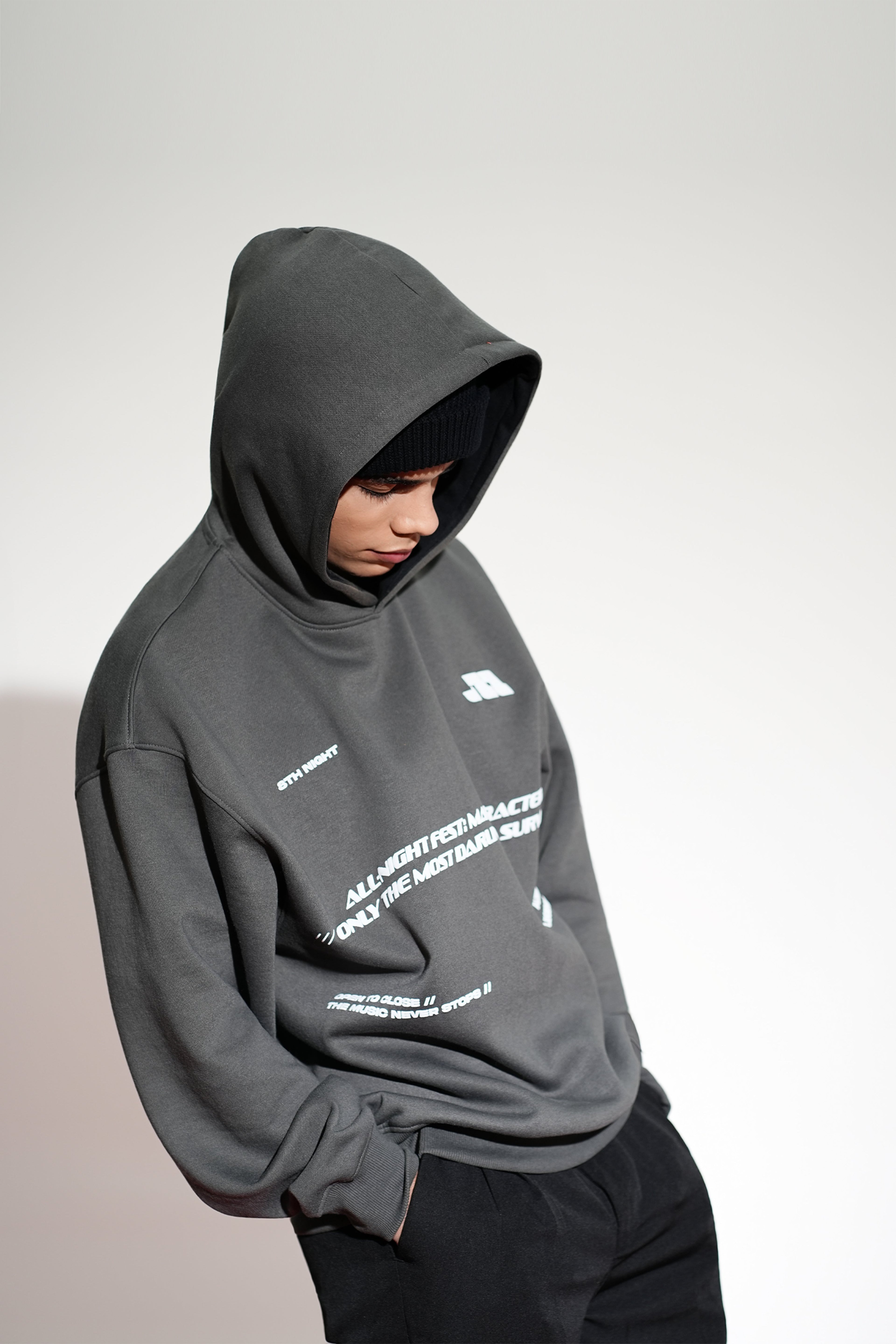 Nocture Printed Oversized Grey Hoodie Main Character