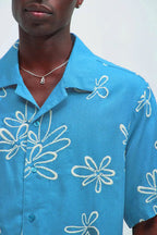 Men's Box-Fit Floral Embroidered Linen Ocean Blue Shirt Vellure