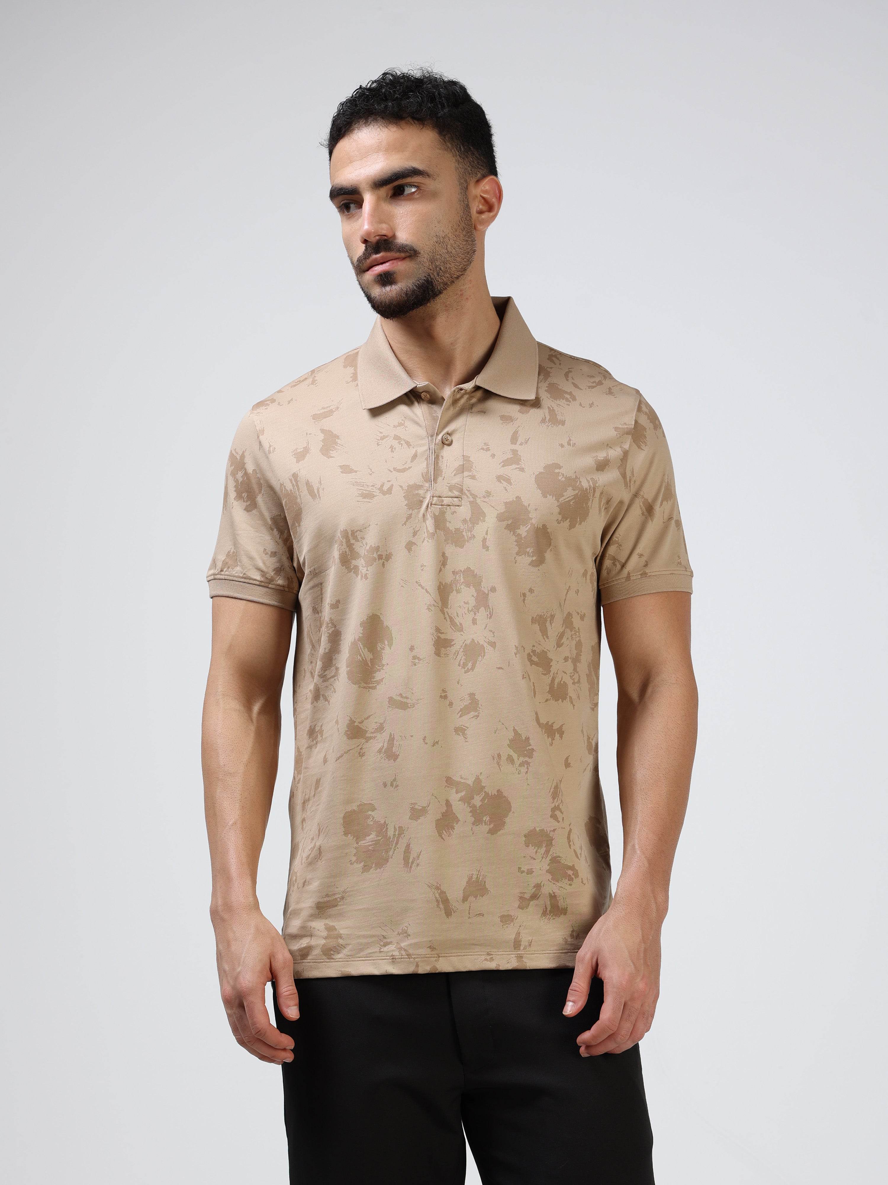 Men’s tan cream floral polo t-shirt