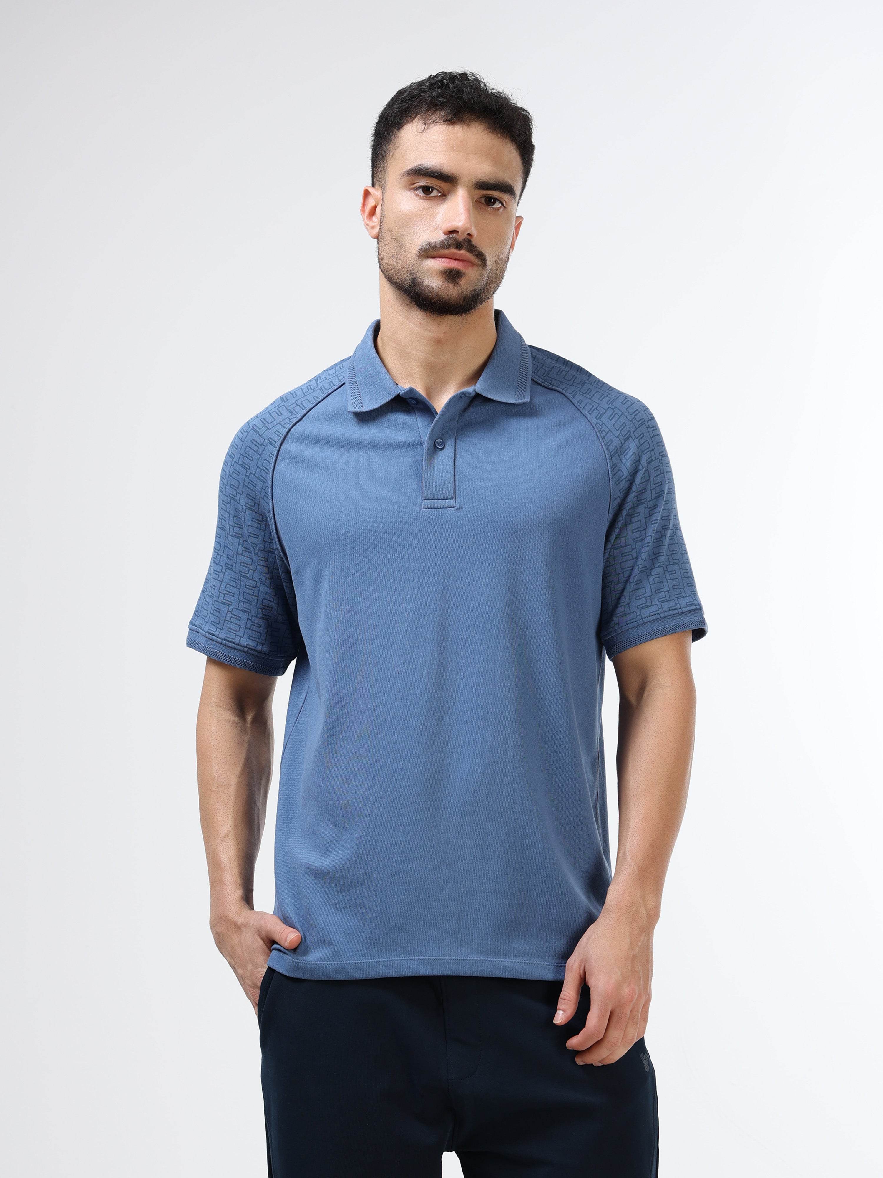 Men's sky blue polo t-shirt with printed raglan sleeves