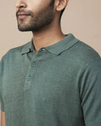 Green Linen-Blend Flatknit Polo SIC