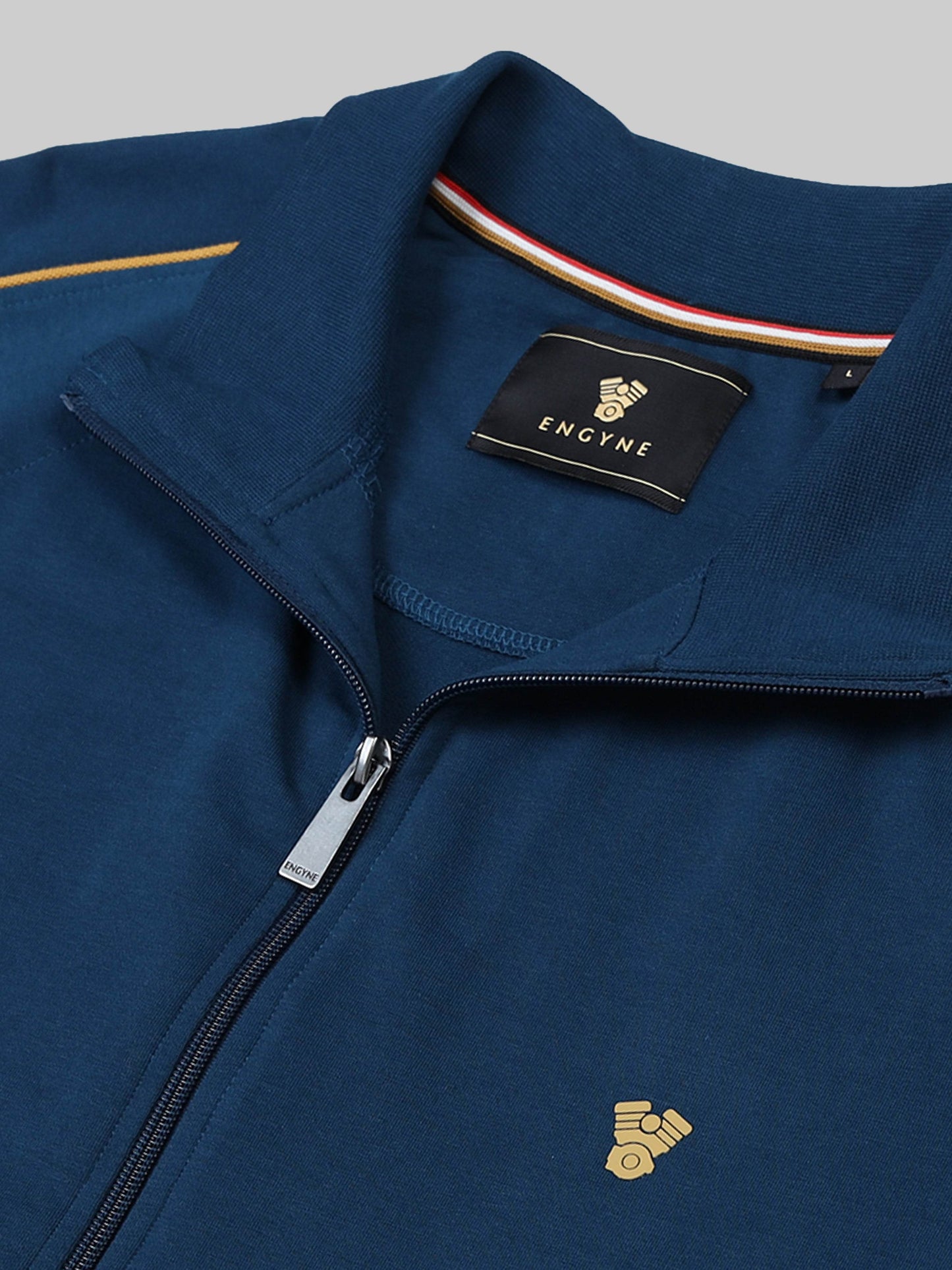 Regular-Fit High Neck Zipper Sweatshirt with Cut-and-Sew Design and Contrast Corded Piping Teal
